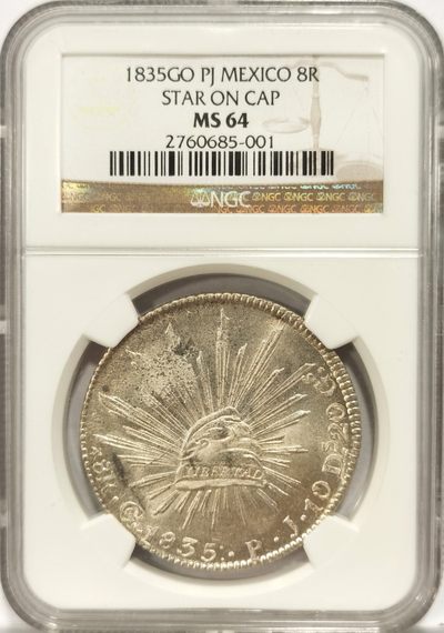 博洋堂美国及美洲钱币专场拍卖暨第119期（全场包邮） - NGC MS64 墨西哥1835年GO PJ版花边鹰洋，自由帽上带星版，比带点版少，顶级早期鹰洋高分，版别与品相的完美结合，藏家必选