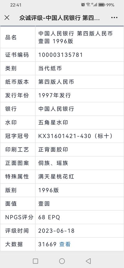 评级人民币套装及标十 961满天星桃花红标十，KX31601421—30