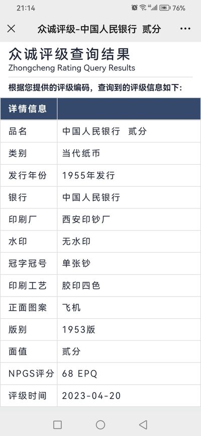 评级人民币，纪念钞单张 二分飞机