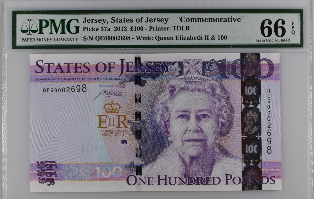 《张总收藏》126期-外币筋票汇 英属泽西岛100英镑PMG66E千位号尾8靓号 女王在位60周年纪念钞 大票幅漂亮 PMG老壳子严评