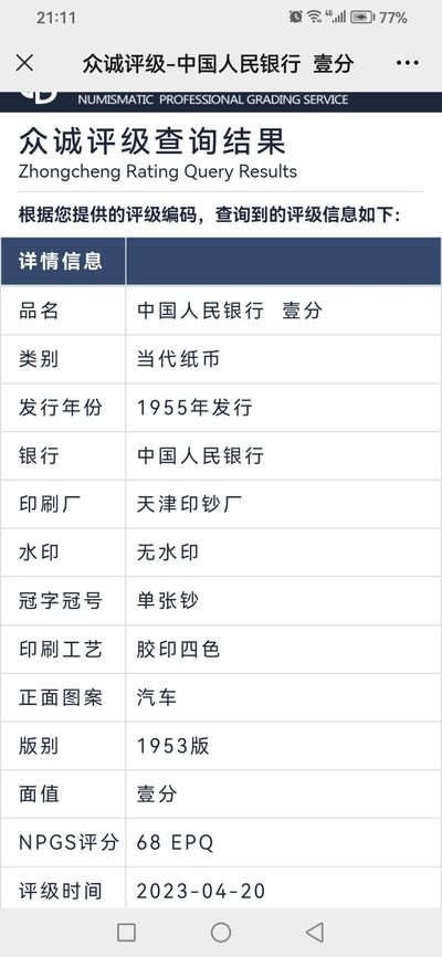 评级人民币，纪念钞单张 一分卡车