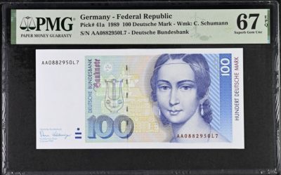 《张总收藏》126期-外币筋票汇 - 德国1989年初版100马克少见AA冠PMG67E高分无4号码不错 德国女钢琴家作曲家克拉拉.舒曼