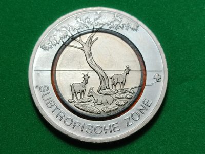 布加迪🐬～世界钱币🌾第45期 /  欧洲等各国币专场  - 德国🇩🇪 2012年 5欧元～地球气候亚热带气候 铜镍镶嵌橙色聚合物币