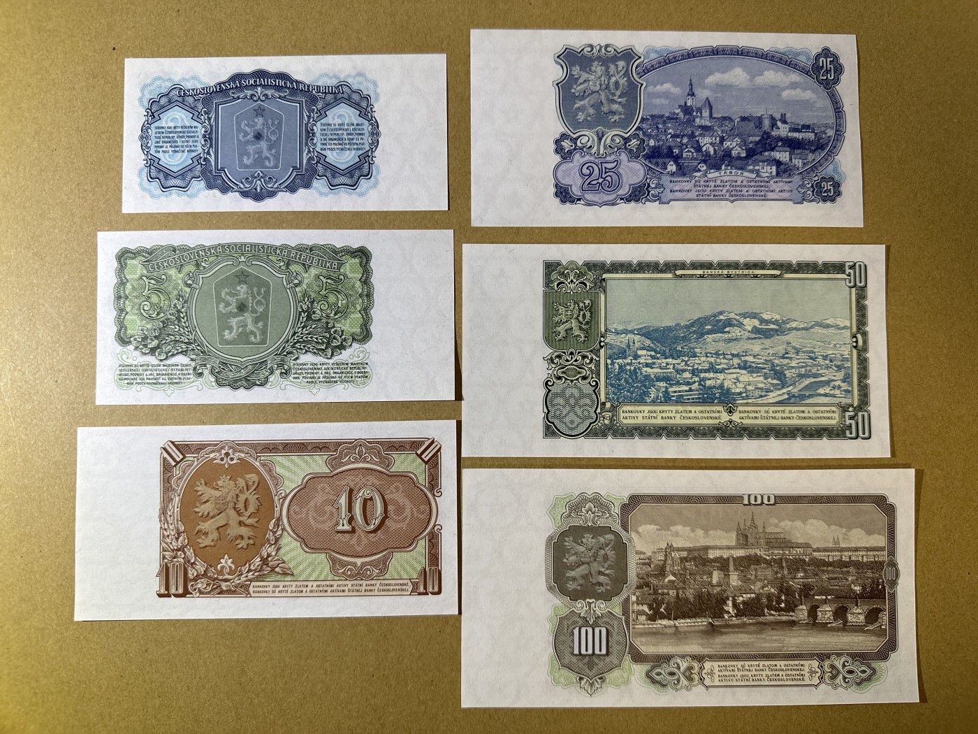 《张总收藏》126期-外币筋票汇 捷克斯洛伐克3、5、10、25、50、100克朗6张 UNC 50、60年代老版本