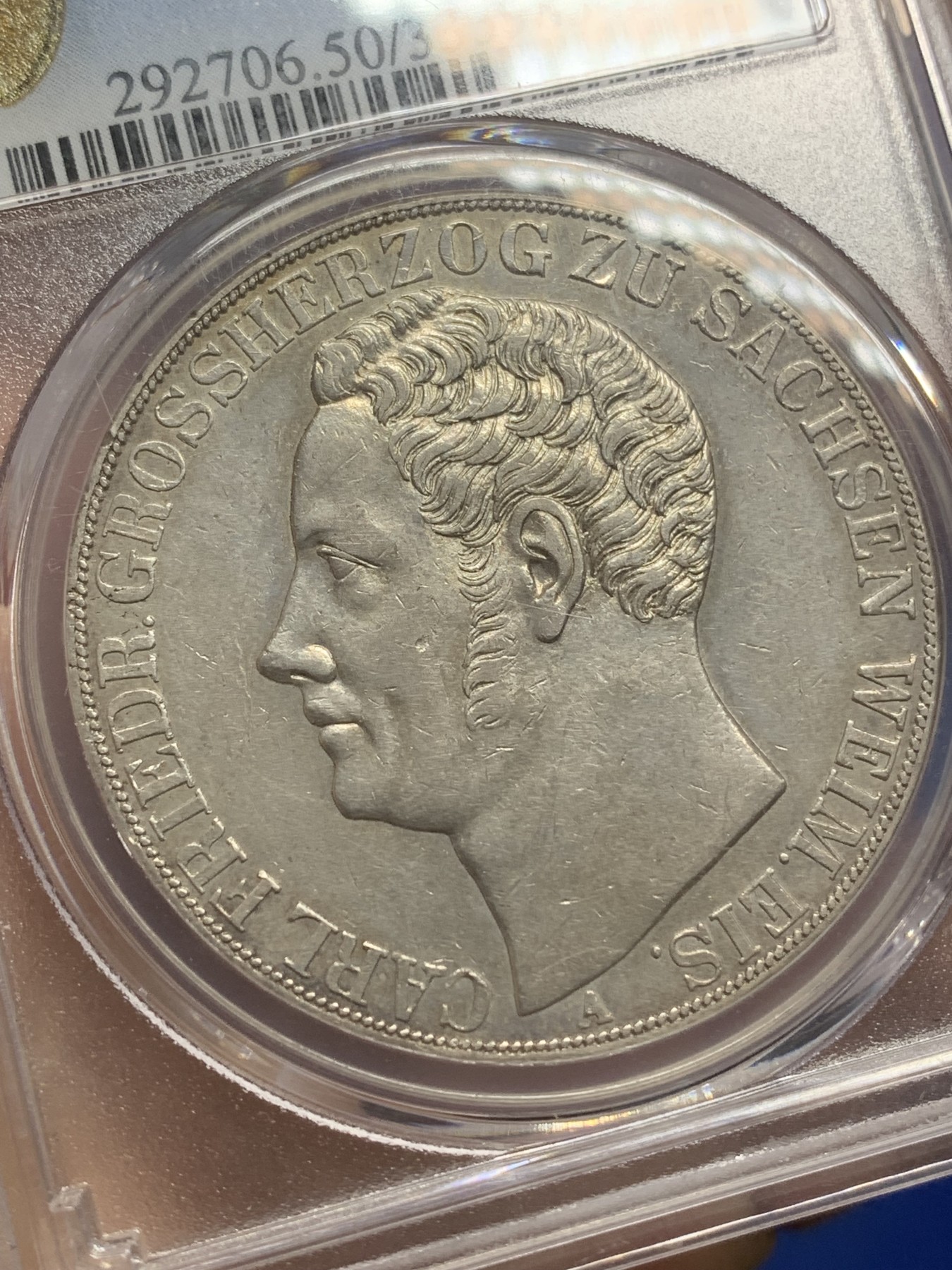 《竞宝斋》第216场-周日，周一 2场 (全场包邮) PCGS AU50 德国 1842 萨克森-魏玛-艾森纳赫2泰勒 十分少见的小邦品种， 底板平整细节保存的非常好