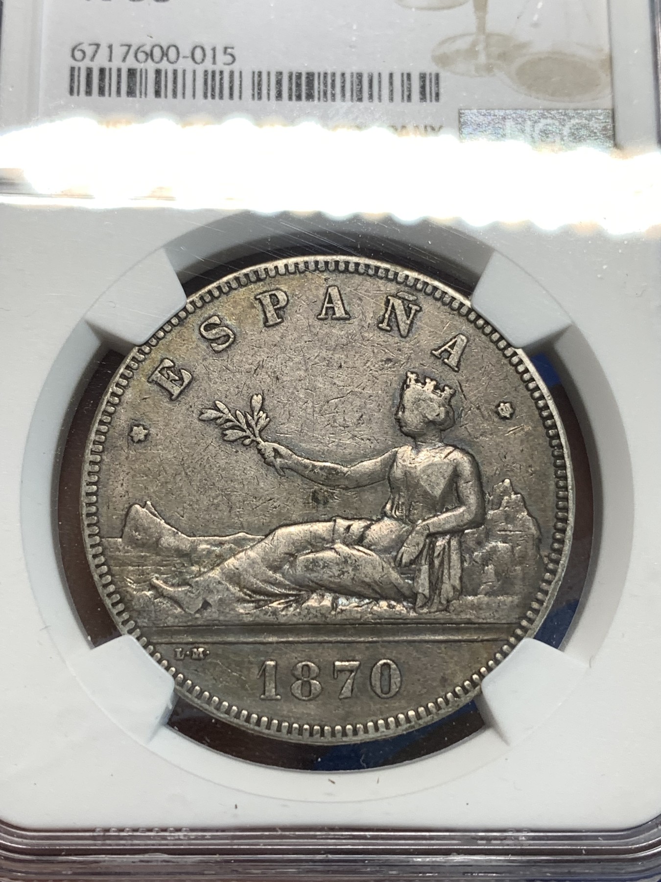 《竞宝斋》第216场-周日，周一 2场 (全场包邮) NGC VF35 西班牙1870年拿花5比塞塔大银币