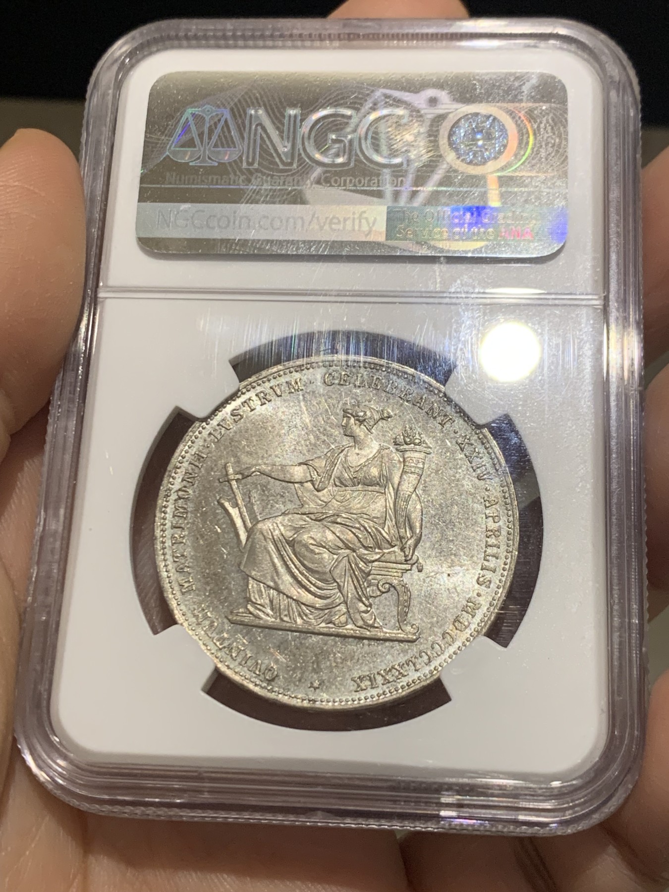 《竞宝斋》第216场-周日，周一 2场 (全场包邮) NGC-MS63 奥地利1879年茜茜公主结婚纪念 2福林=1泰勒 双面淡彩包浆 PL底板 感觉低评了
