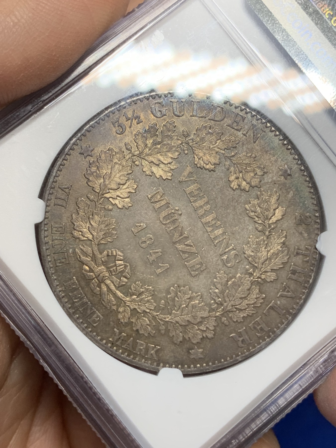 《竞宝斋》第216场-周日，周一 2场 (全场包邮) 冠军分 NGC-MS63  德国 黑森-达姆施塔特 1841年 2泰勒 大银币 （重达37克）PL底板闪亮品种