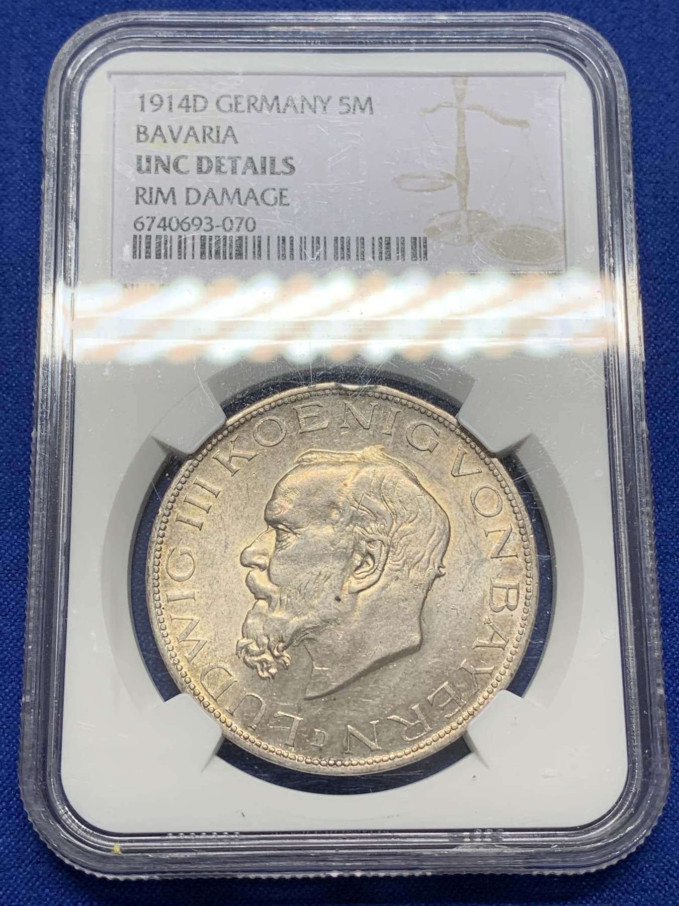《竞宝斋》第216场-周日，周一 2场 (全场包邮) NGC-UNCD 德国 1914年 巴伐利亚路德维希 5马克银币 黄油包浆,可惜边道有点磕,币面状态和62,63差不多