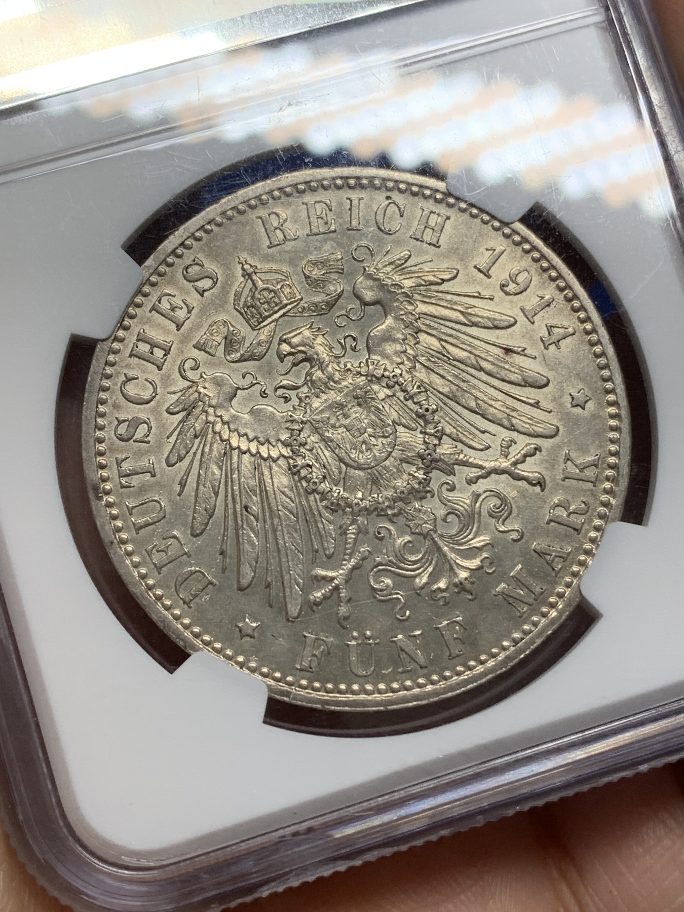 《竞宝斋》第216场-周日，周一 2场 (全场包邮) NGC-UNCD 德国 1914年 巴伐利亚路德维希 5马克银币 黄油包浆,可惜边道有点磕,币面状态和62,63差不多