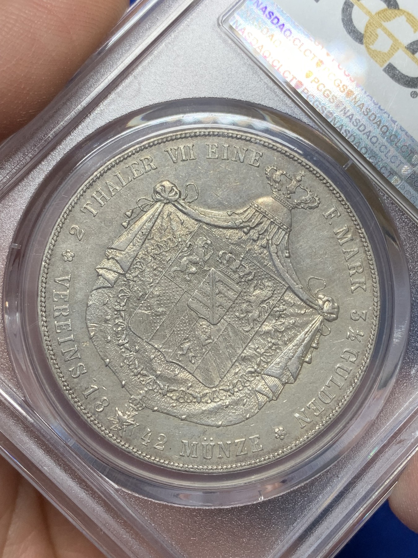 《竞宝斋》第216场-周日，周一 2场 (全场包邮) PCGS AU50 德国 1842 萨克森-魏玛-艾森纳赫2泰勒 十分少见的小邦品种， 底板平整细节保存的非常好