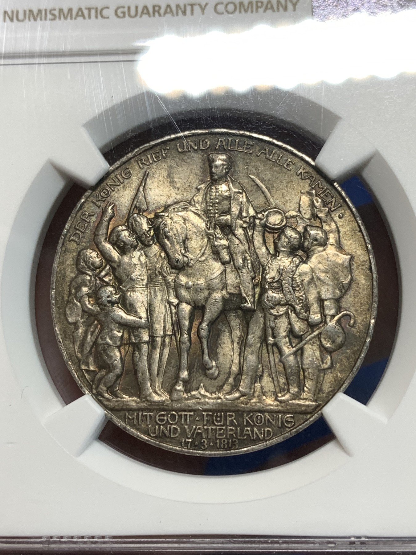《竞宝斋》第216场-周日，周一 2场 (全场包邮) NGC MS63 德国 普鲁士 1913 战胜拿破仑 3马克银币 包浆好 细节也好