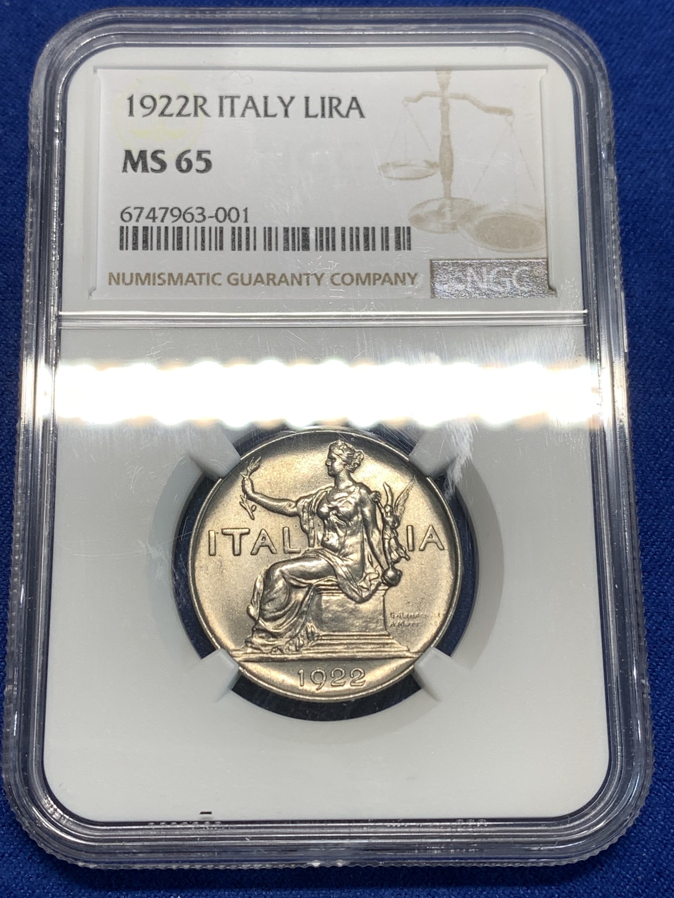 《竞宝斋》第216场-周日，周一 2场 (全场包邮) NGC MS65 1922R意大利1里拉 非常漂亮的一枚 高分值得收藏