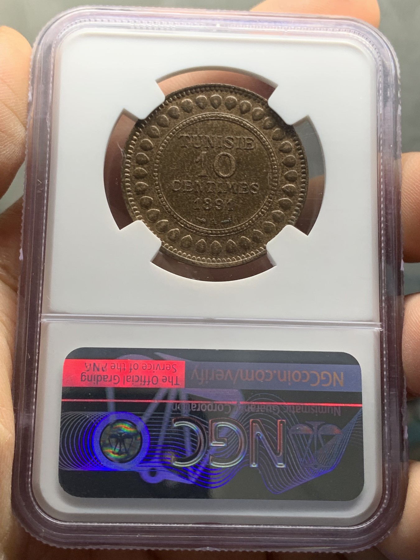 《竞宝斋》第216场-周日，周一 2场 (全场包邮) NGC-MS62BN 突尼斯AH1308/1891年10分大铜币，富有特色的伊斯兰风格大铜，流通充分，MS稀见，不是高分多见的后期版。更高分仅3枚