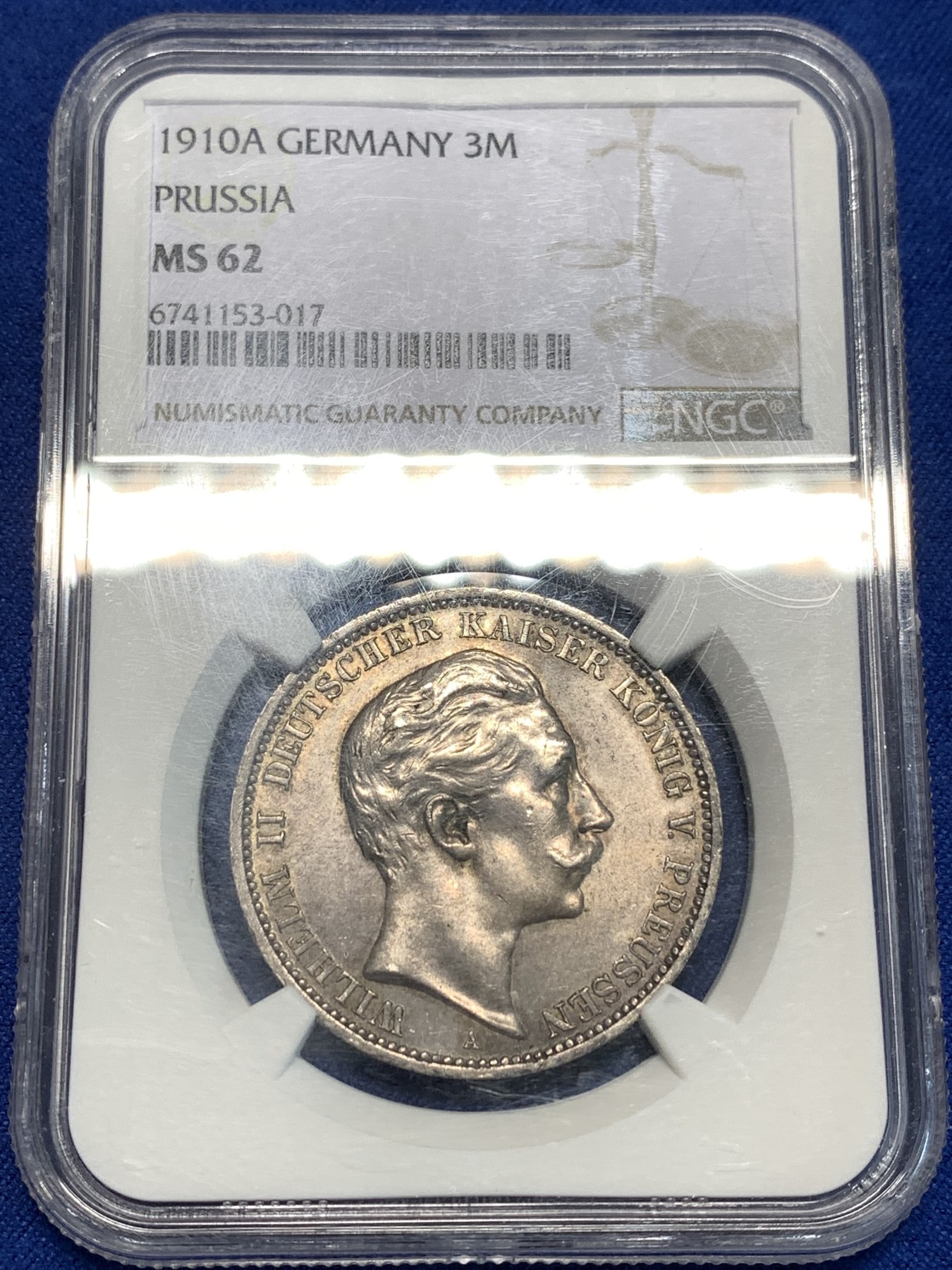 《竞宝斋》第216场-周日，周一 2场 (全场包邮) NGC-MS62 德国 1910年 普鲁士威廉二世3马克银币 大部分投入流通,ms的少见