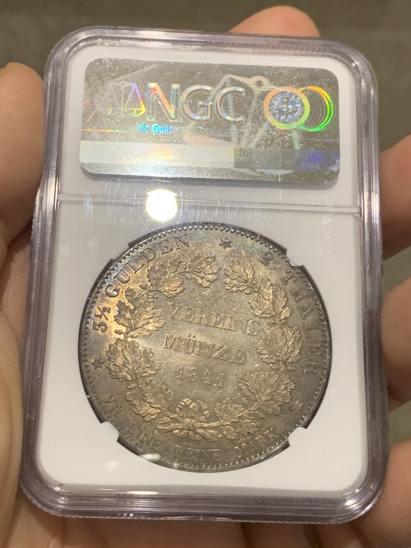 《竞宝斋》第216场-周日，周一 2场 (全场包邮) 冠军分 NGC-MS63  德国 黑森-达姆施塔特 1841年 2泰勒 大银币 （重达37克）PL底板闪亮品种