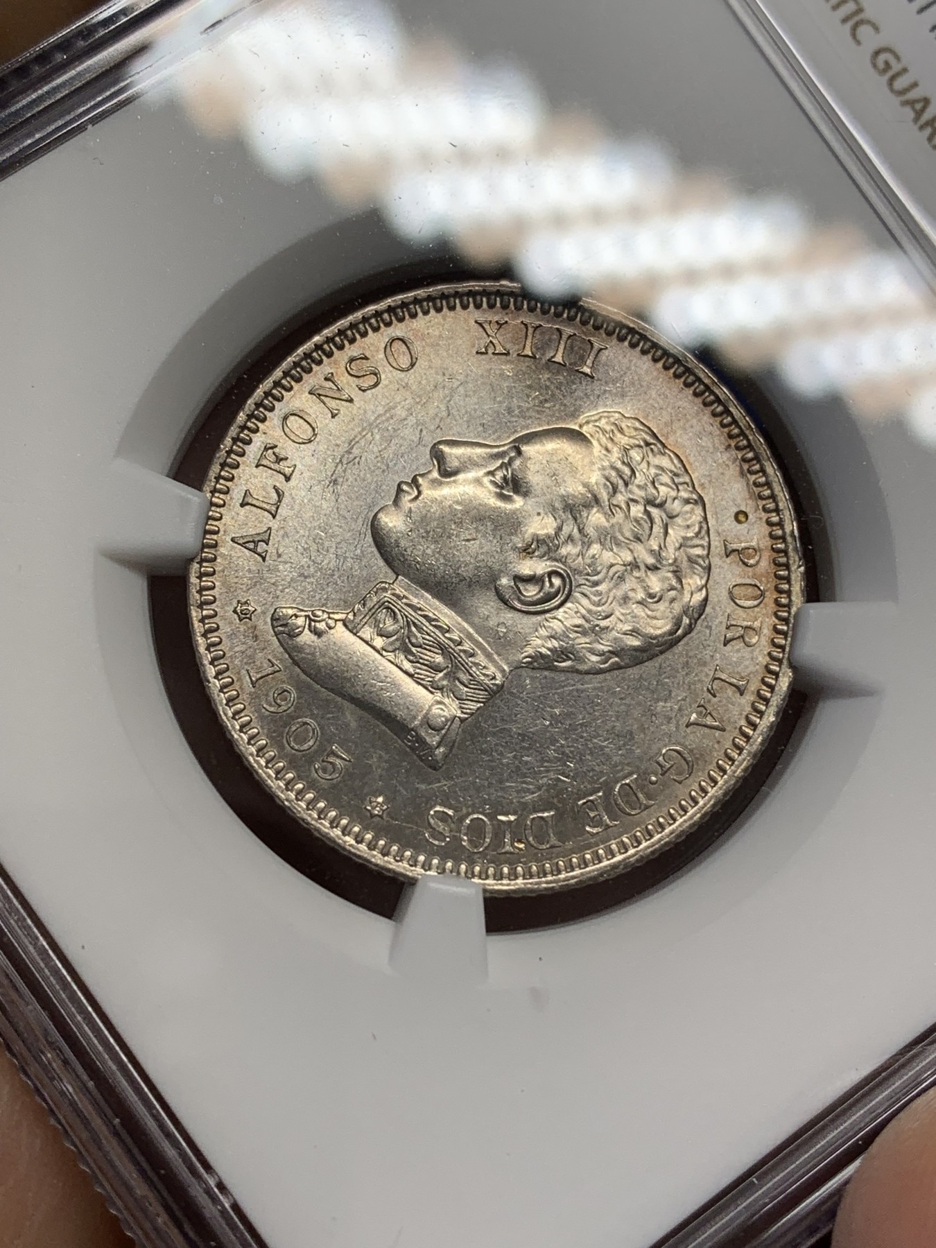 《竞宝斋》第216场-周日，周一 2场 (全场包邮) NGC-MS61 西班牙1905阿方索十三世2比塞塔银币