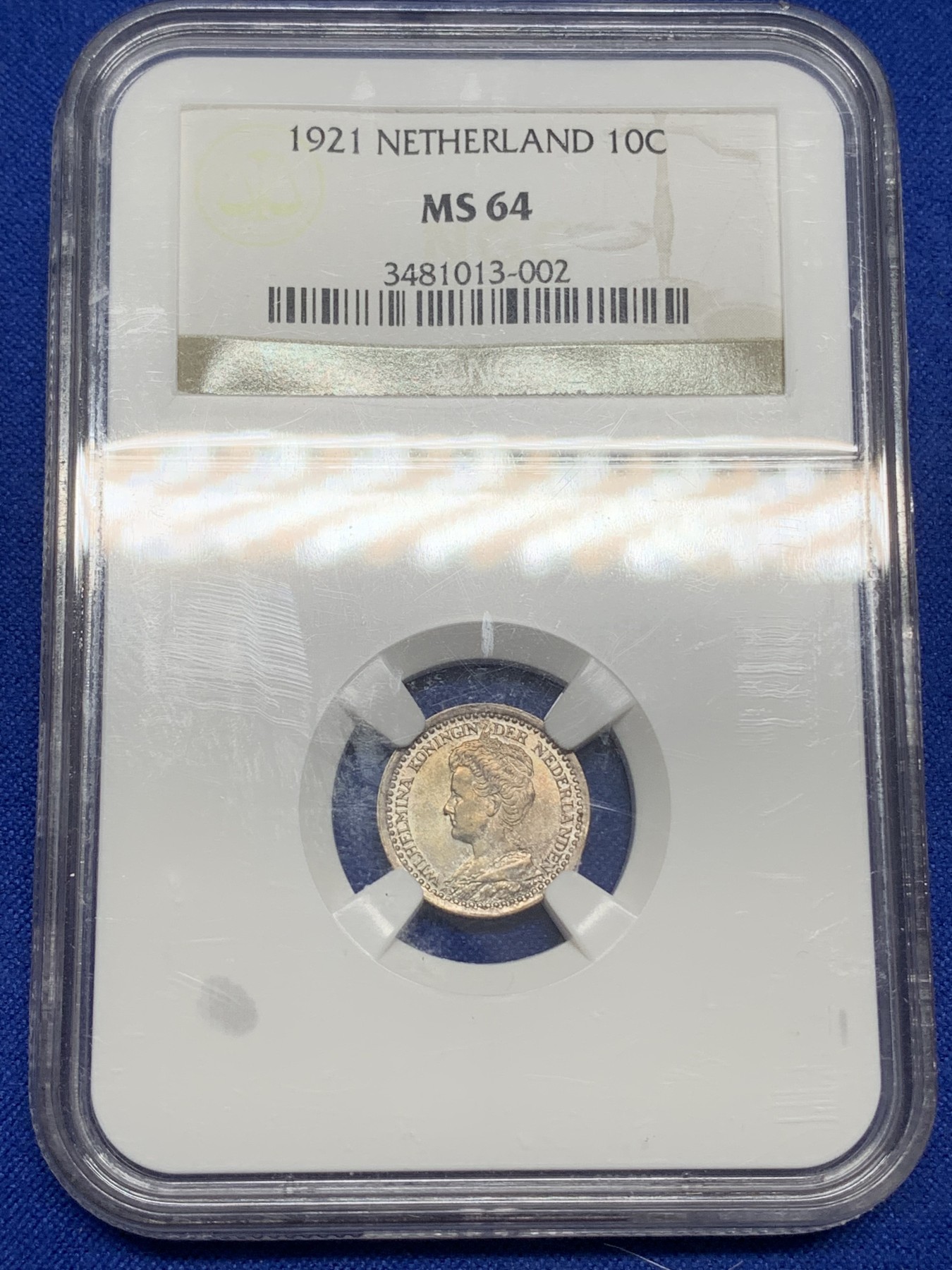 《竞宝斋》第216场-周日，周一 2场 (全场包邮) NGC-MS64 季军分 荷兰1921年威廉明娜女王10分银币，老盒高分，状态极佳。少妇版女王头像，玲珑可爱。
