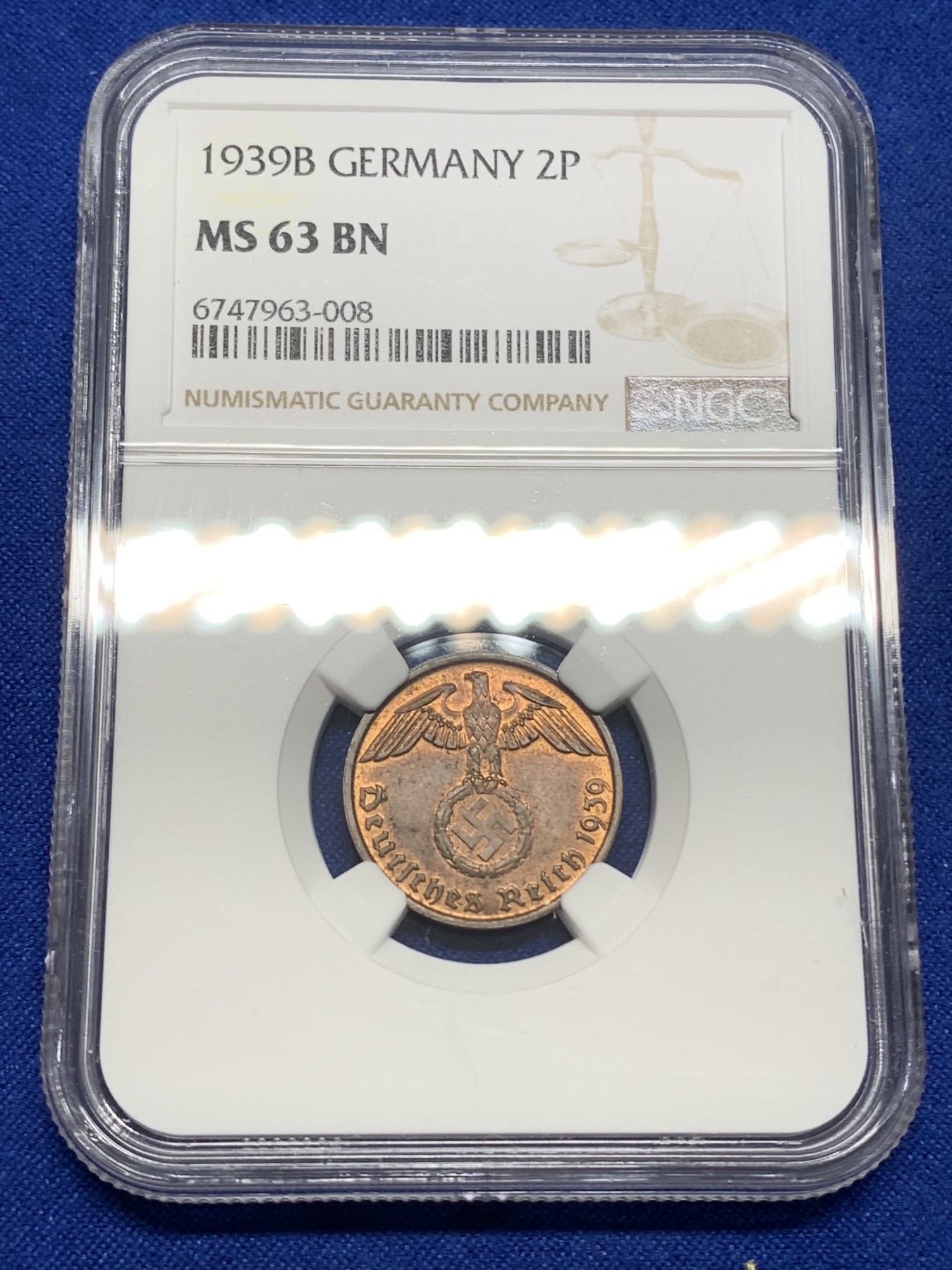 《竞宝斋》第216场-周日，周一 2场 (全场包邮) NGC MS63RB 1939B德国万字2芬尼 高分难得