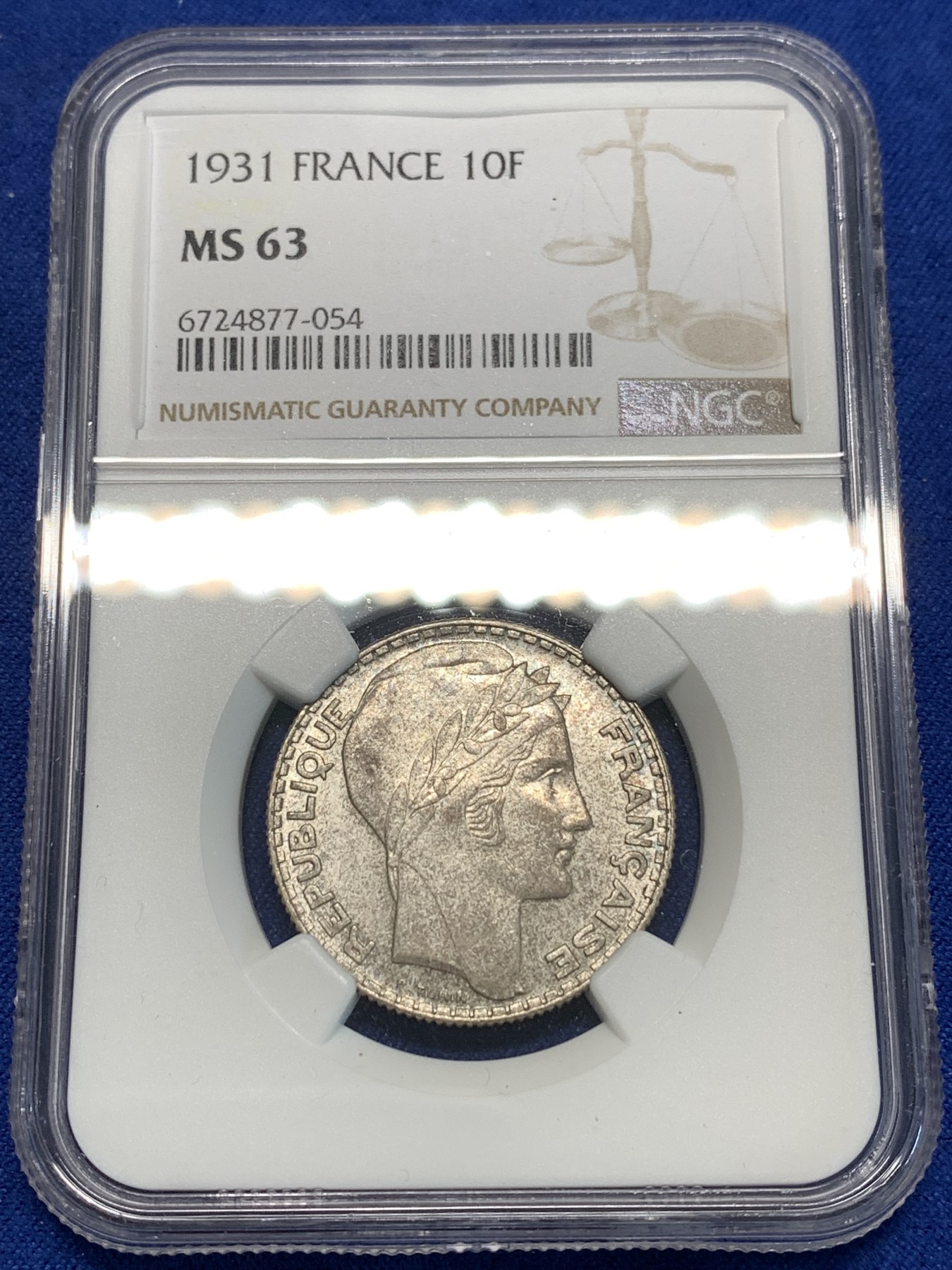 《竞宝斋》第216场-周日，周一 2场 (全场包邮) NGC MS63 法国1931年谷物女神10法郎银币