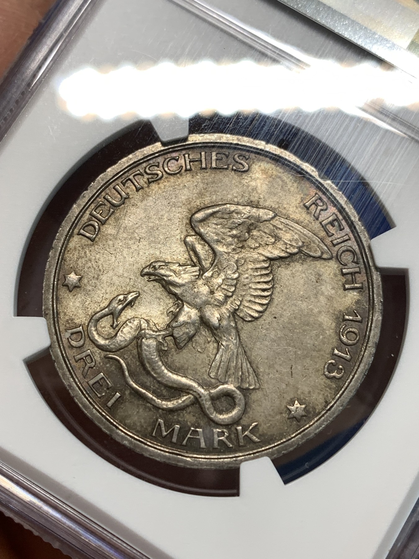 《竞宝斋》第216场-周日，周一 2场 (全场包邮) NGC MS63 德国 普鲁士 1913 战胜拿破仑 3马克银币 包浆好 细节也好
