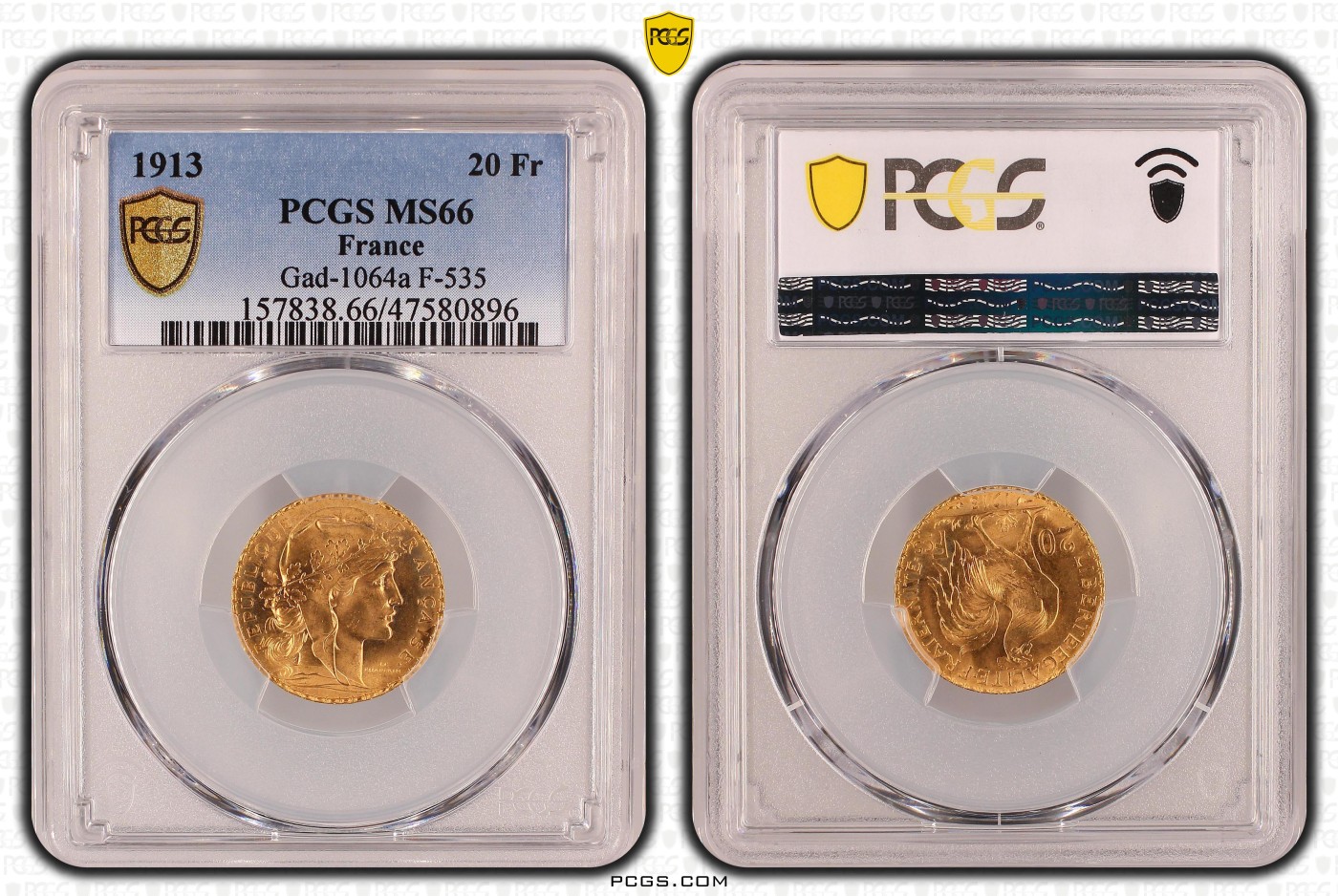 PCGS-MS66法国1913年玛丽安娜高卢雄鸡20法郎金币