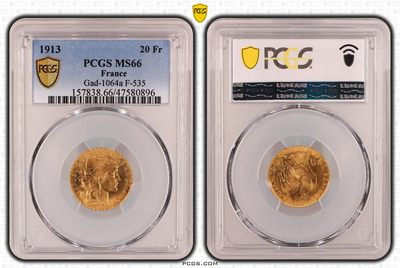 PCGS-MS66法国1913年玛丽安娜高卢雄鸡20法郎金币