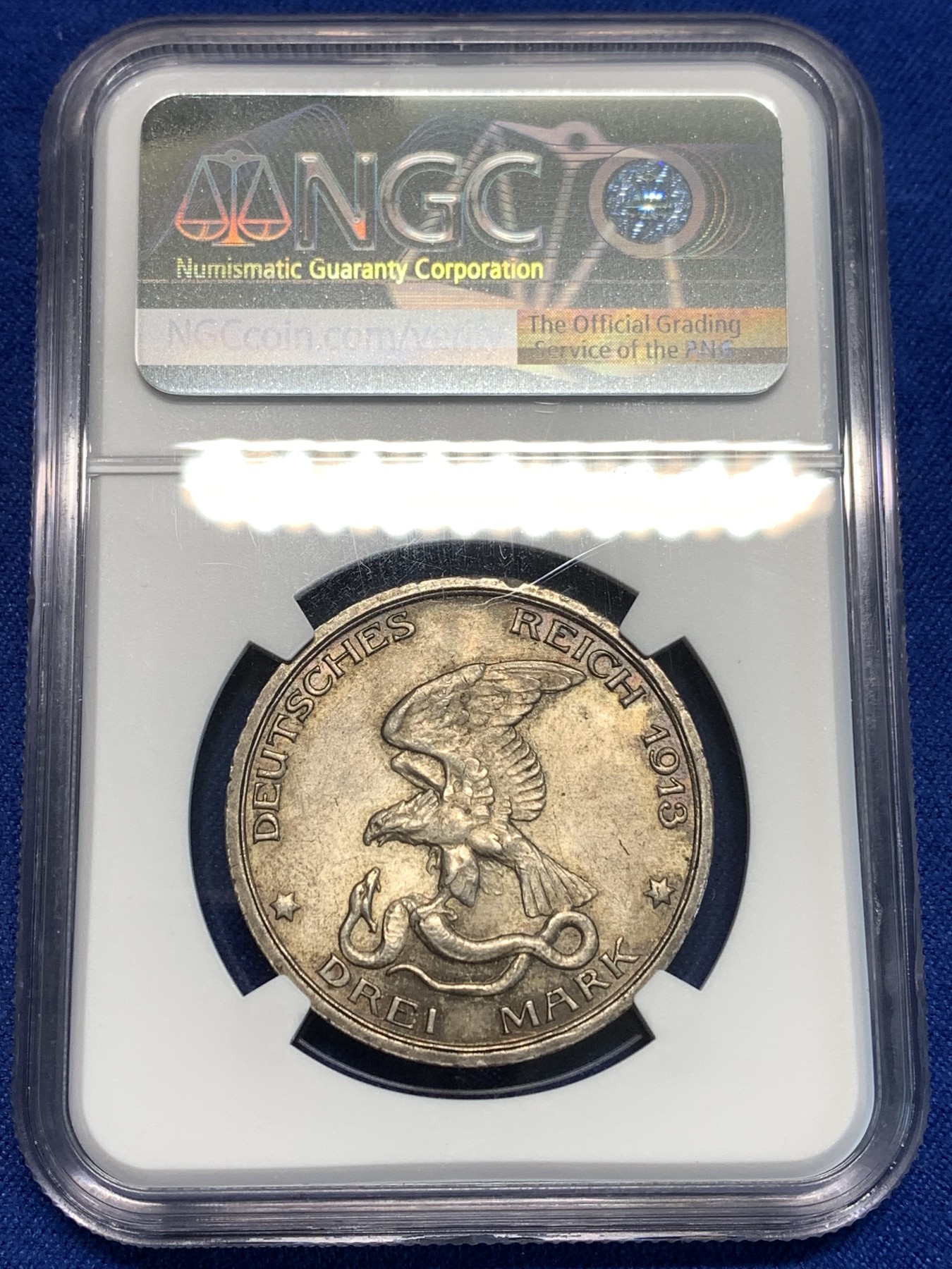 《竞宝斋》第216场-周日，周一 2场 (全场包邮) NGC MS63 德国 普鲁士 1913 战胜拿破仑 3马克银币 包浆好 细节也好