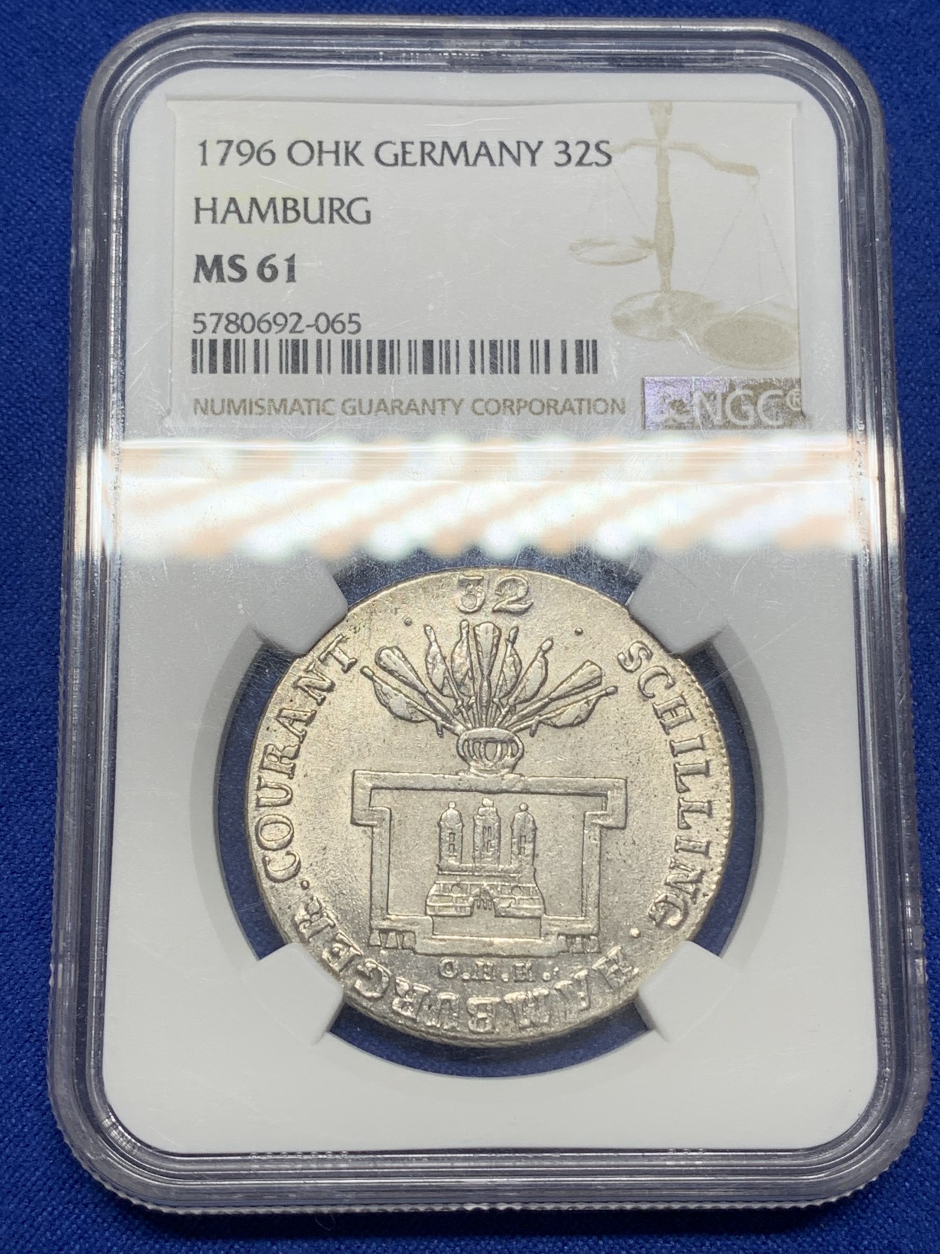 《竞宝斋》第216场-周日，周一 2场 (全场包邮) NGC-MS61 德国 1796年 汉堡自由市 32先令银币 早期汉堡徽章,非常少见,更高分仅三枚