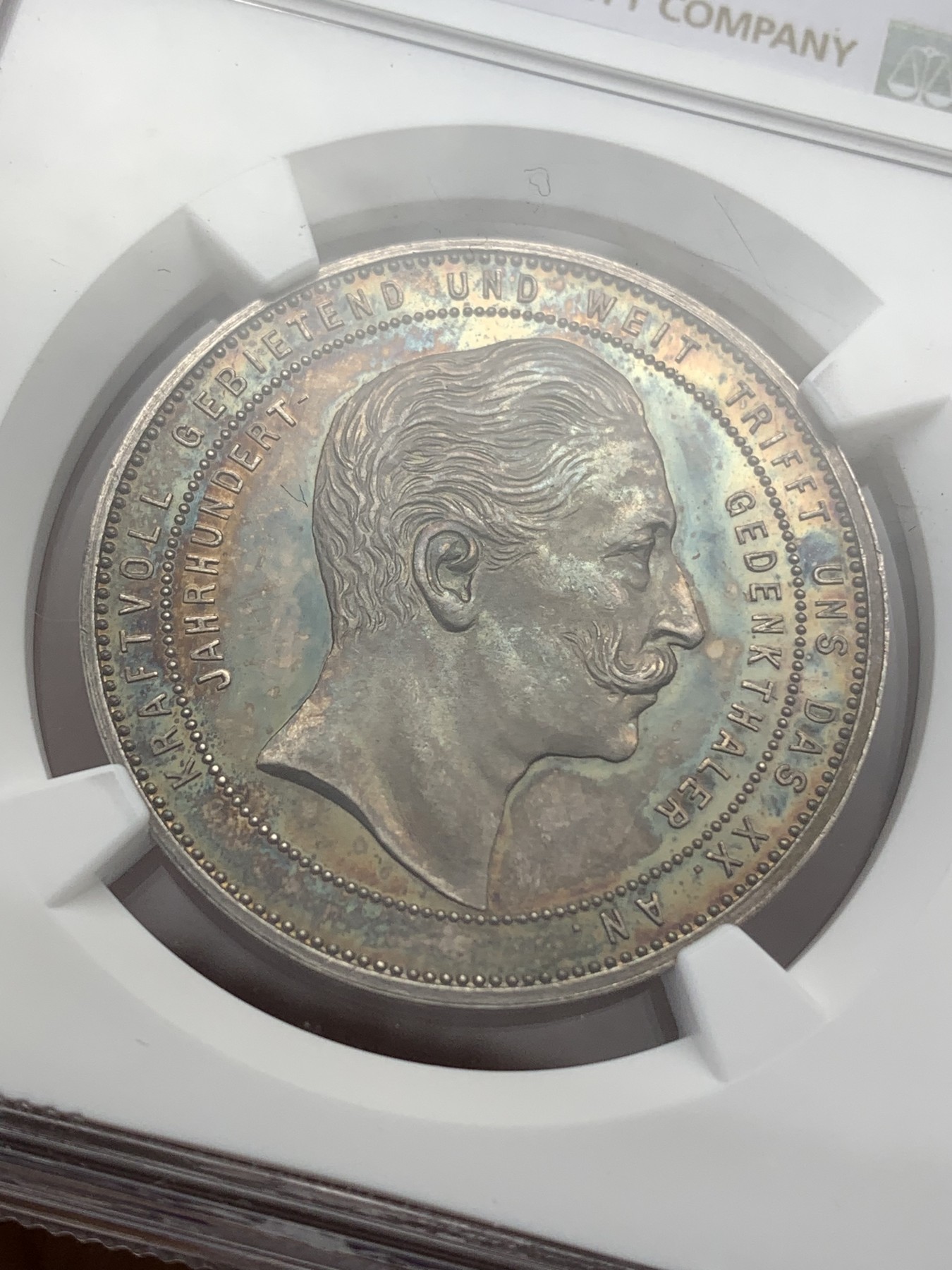 《竞宝斋》第216场-周日，周一 2场 (全场包邮) NGC MS63 德国1900年新世纪纪念银章 威廉一世 威廉二世双人像 双面五彩包浆 非常漂亮 不常见的品种