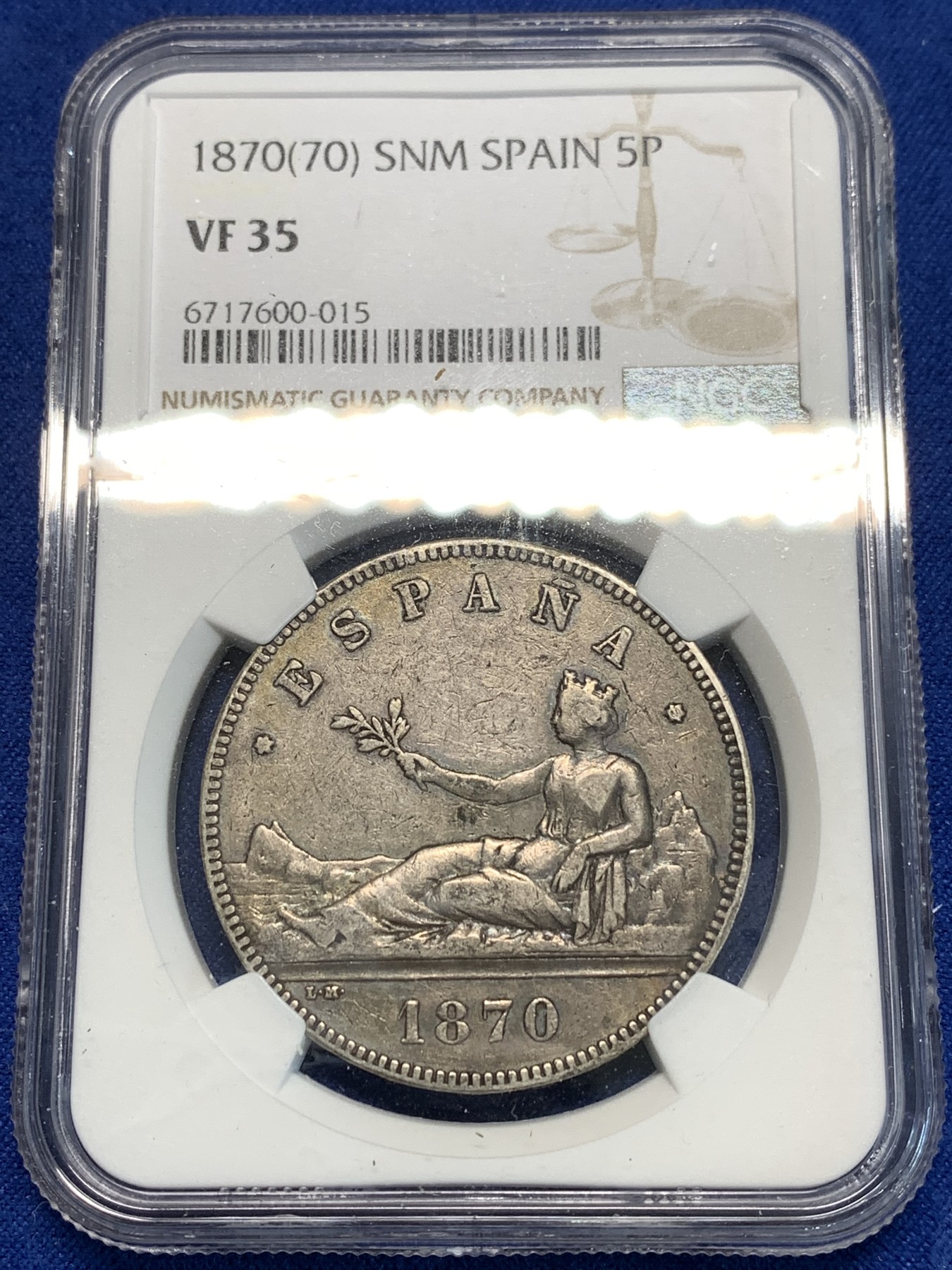 《竞宝斋》第216场-周日，周一 2场 (全场包邮) NGC VF35 西班牙1870年拿花5比塞塔大银币