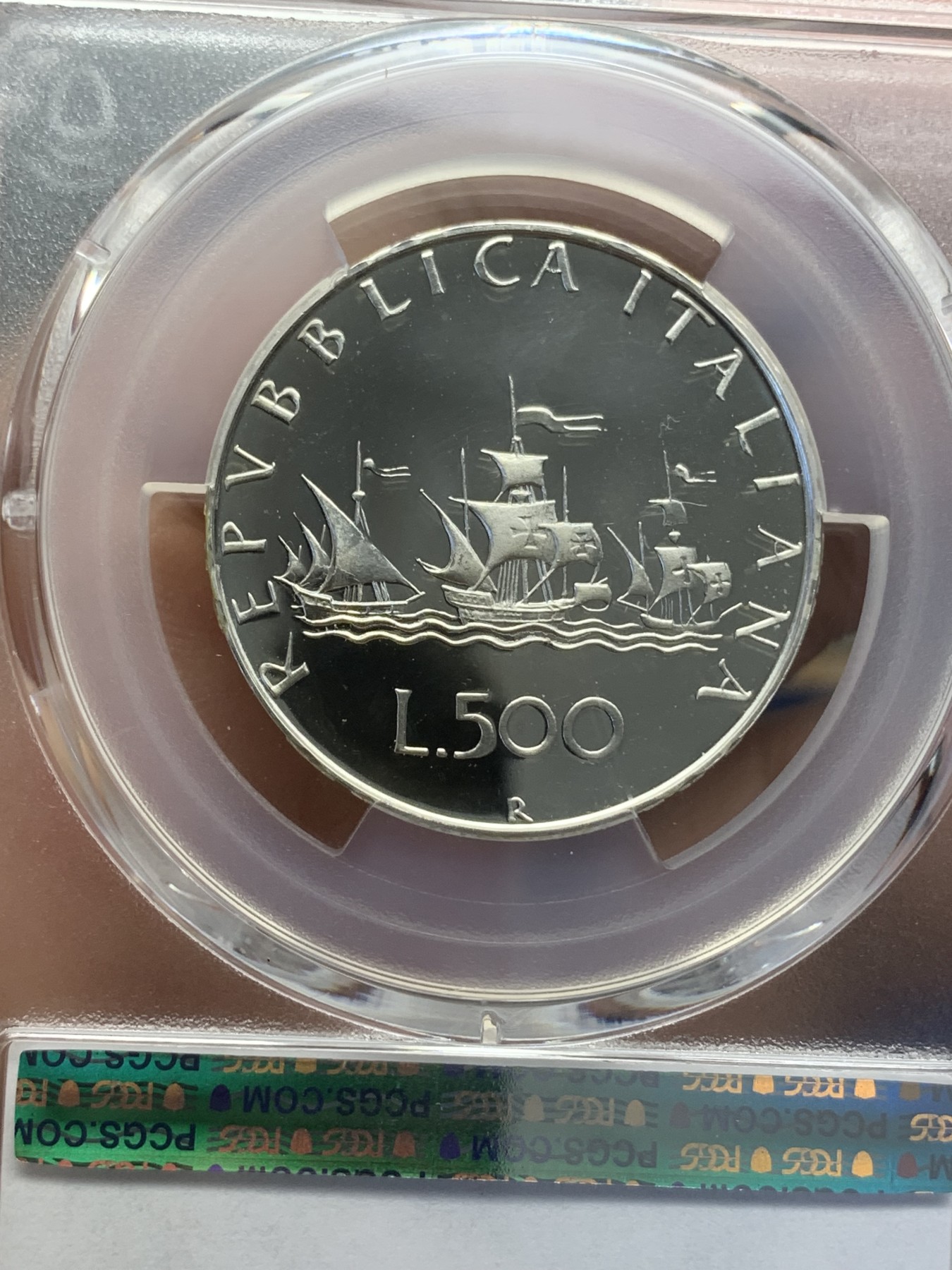 《竞宝斋》第216场-周日，周一 2场 (全场包邮) 亚军分 PCGS-PR68DCAM 意大利 1985年 精制 帆船少女 500里拉 首年发行
