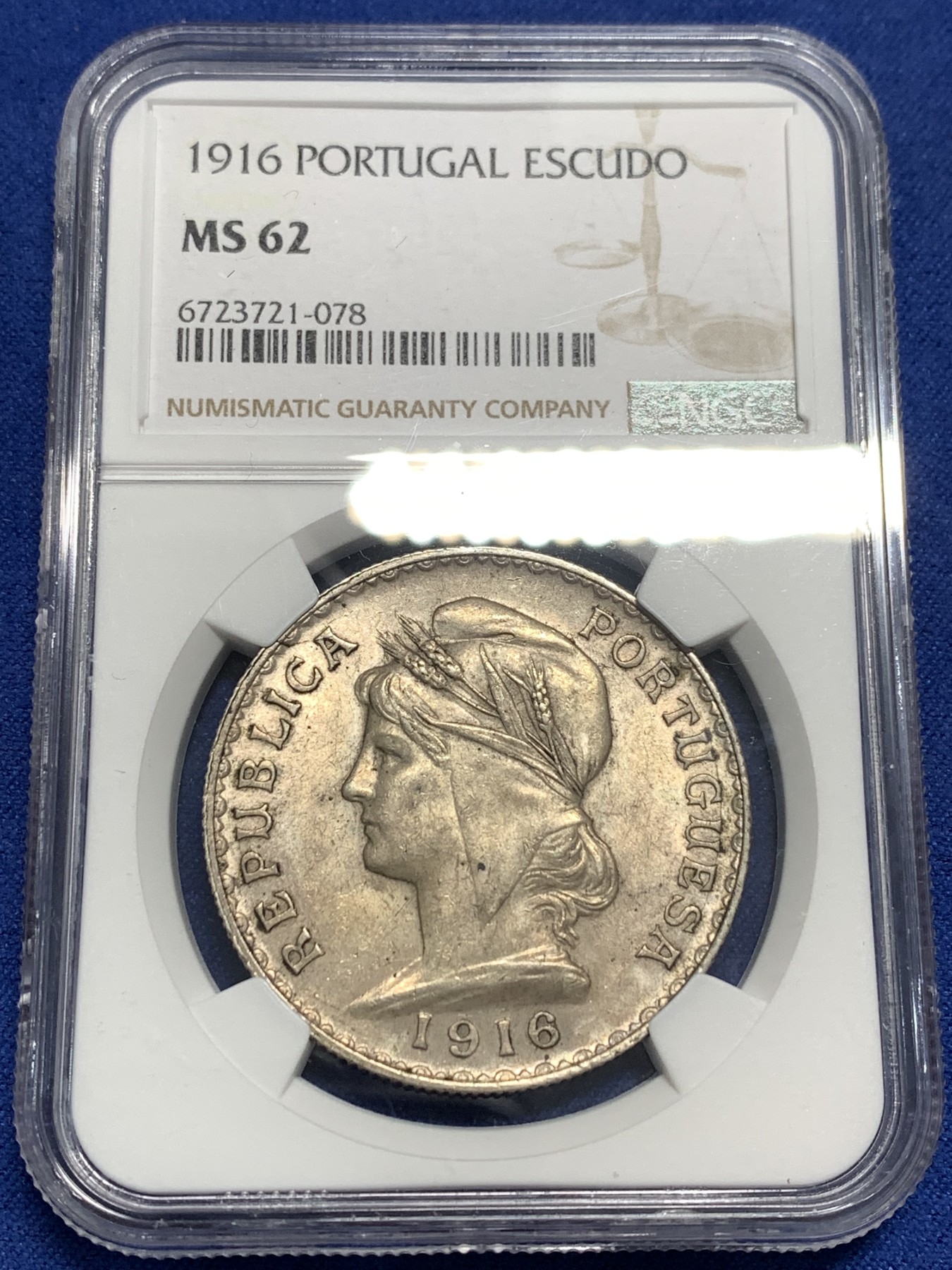 《竞宝斋》第216场-周日，周一 2场 (全场包邮) NGC-MS62 葡萄牙1916年女神头像1埃斯库多大银币