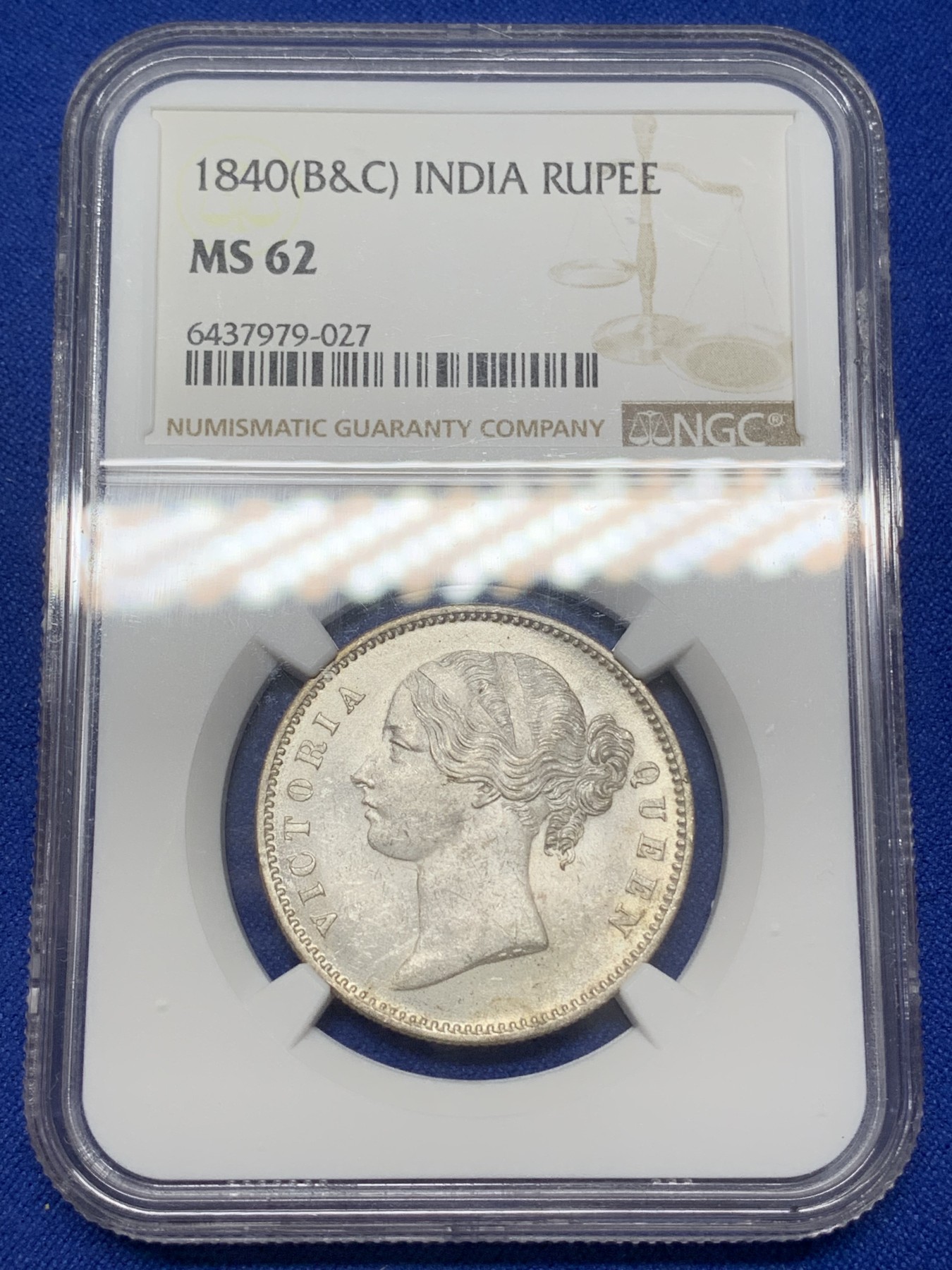 《竞宝斋》第216场-周日，周一 2场 (全场包邮) NGC-MS62 英属印度1840小维双辫卢比 原品光度好