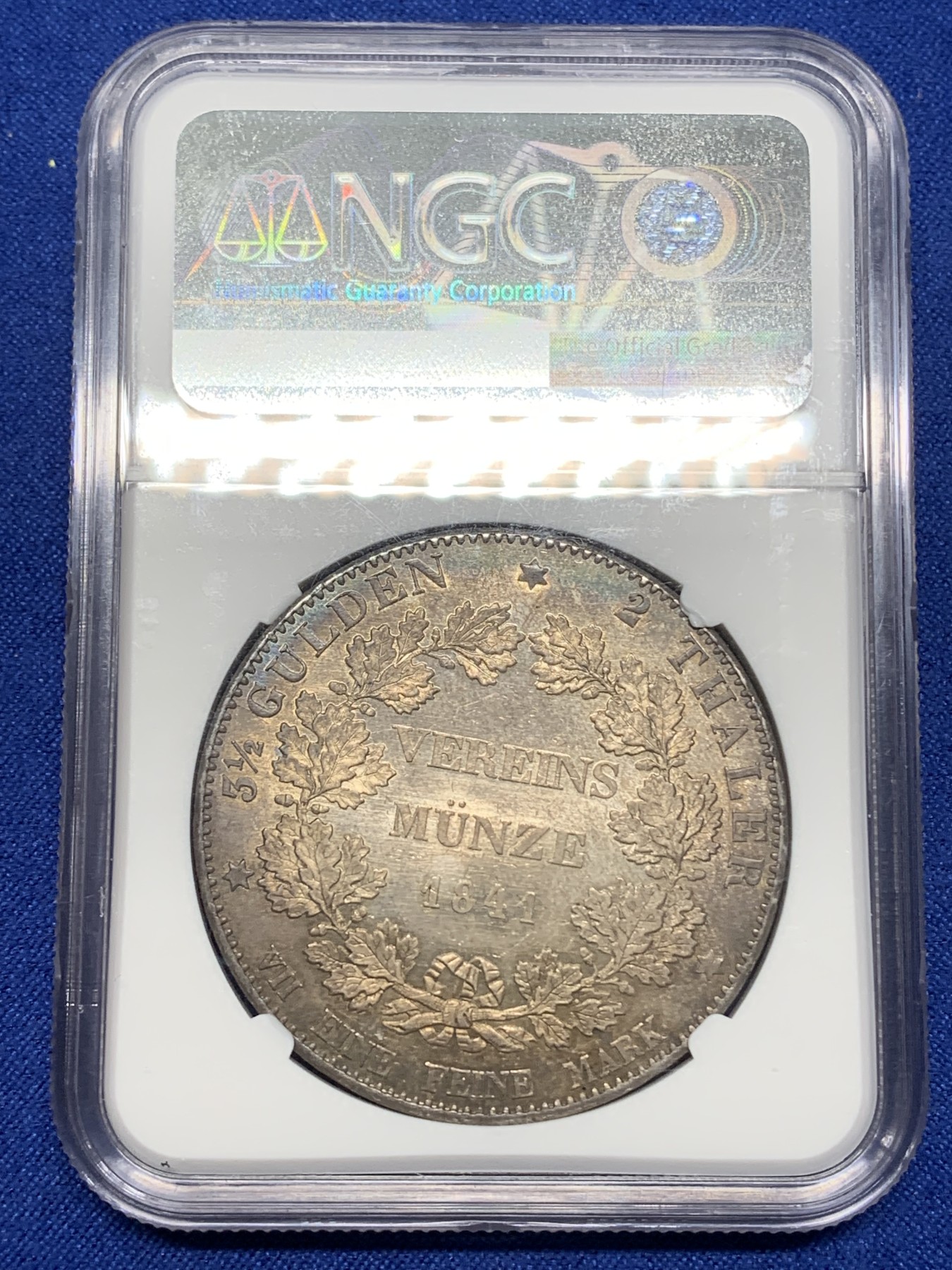 《竞宝斋》第216场-周日，周一 2场 (全场包邮) 冠军分 NGC-MS63  德国 黑森-达姆施塔特 1841年 2泰勒 大银币 （重达37克）PL底板闪亮品种