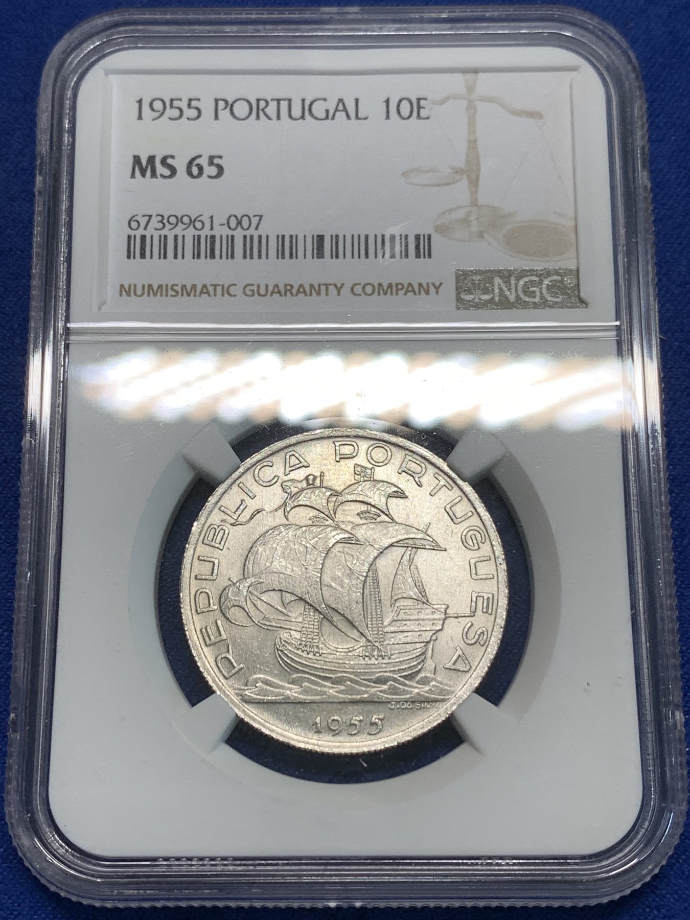 《竞宝斋》第216场-周日，周一 2场 (全场包邮) NGC MS65 葡萄牙1955年大帆船10埃斯库多银币