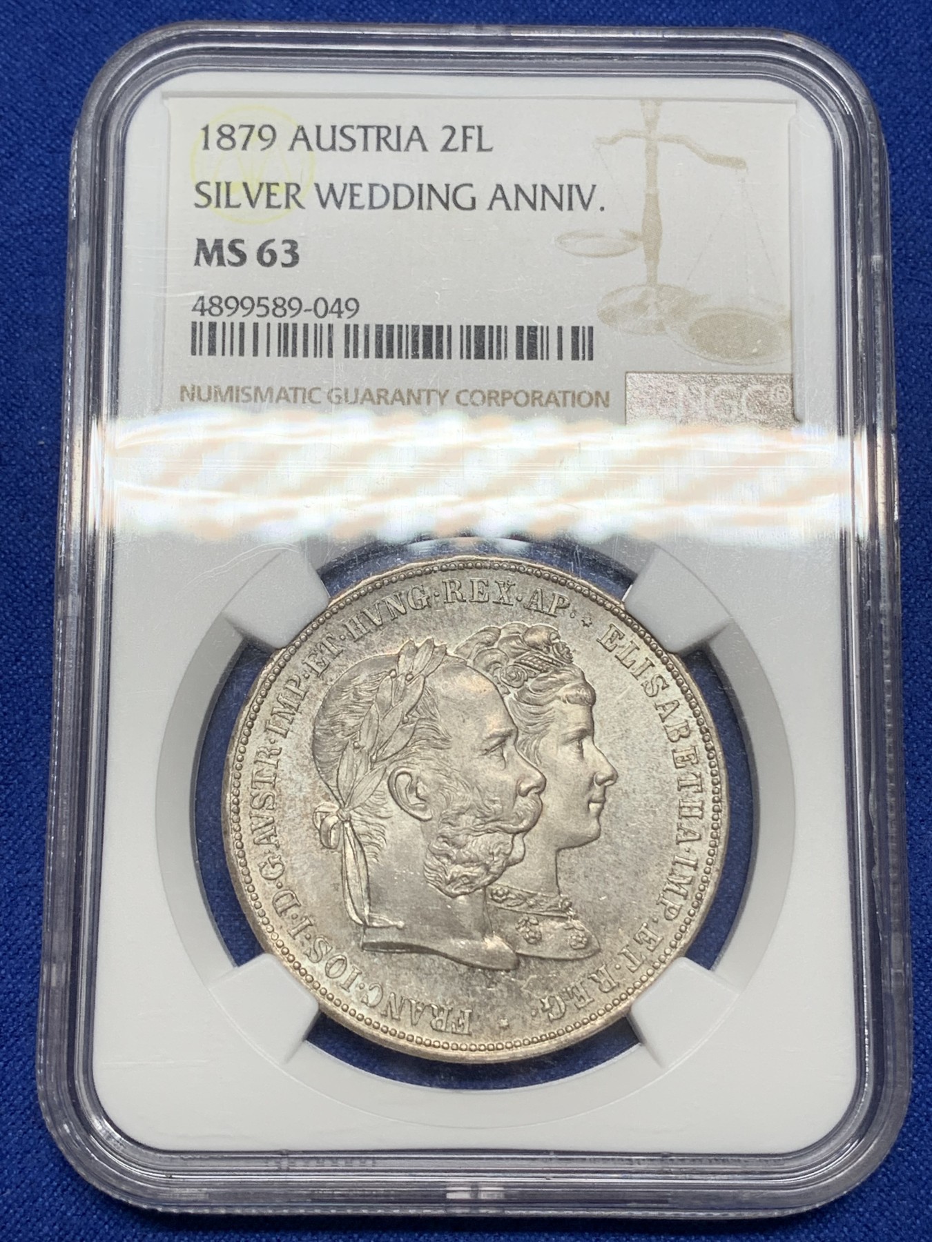《竞宝斋》第216场-周日，周一 2场 (全场包邮) NGC-MS63 奥地利1879年茜茜公主结婚纪念 2福林=1泰勒 双面淡彩包浆 PL底板 感觉低评了