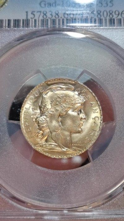 PCGS-MS66法国1913年玛丽安娜高卢雄鸡20法郎金币