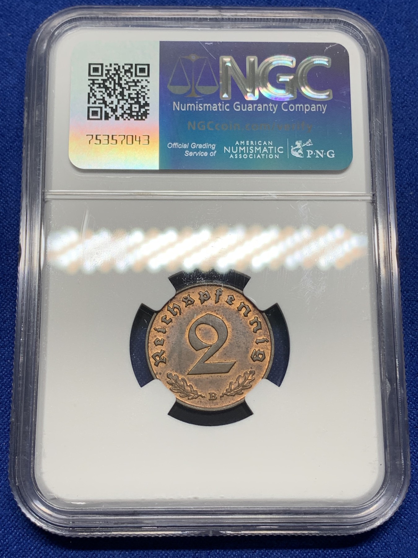 《竞宝斋》第216场-周日，周一 2场 (全场包邮) NGC MS63RB 1939B德国万字2芬尼 高分难得