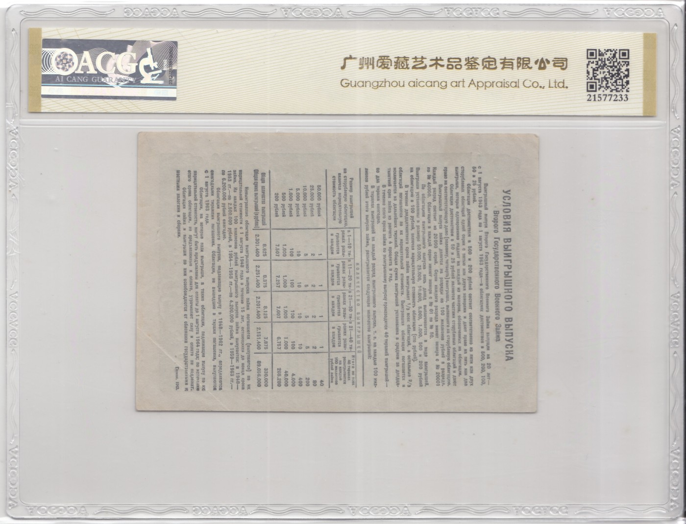苏联（WWII债券）1945年25卢布 爱藏评级55e 非PMG