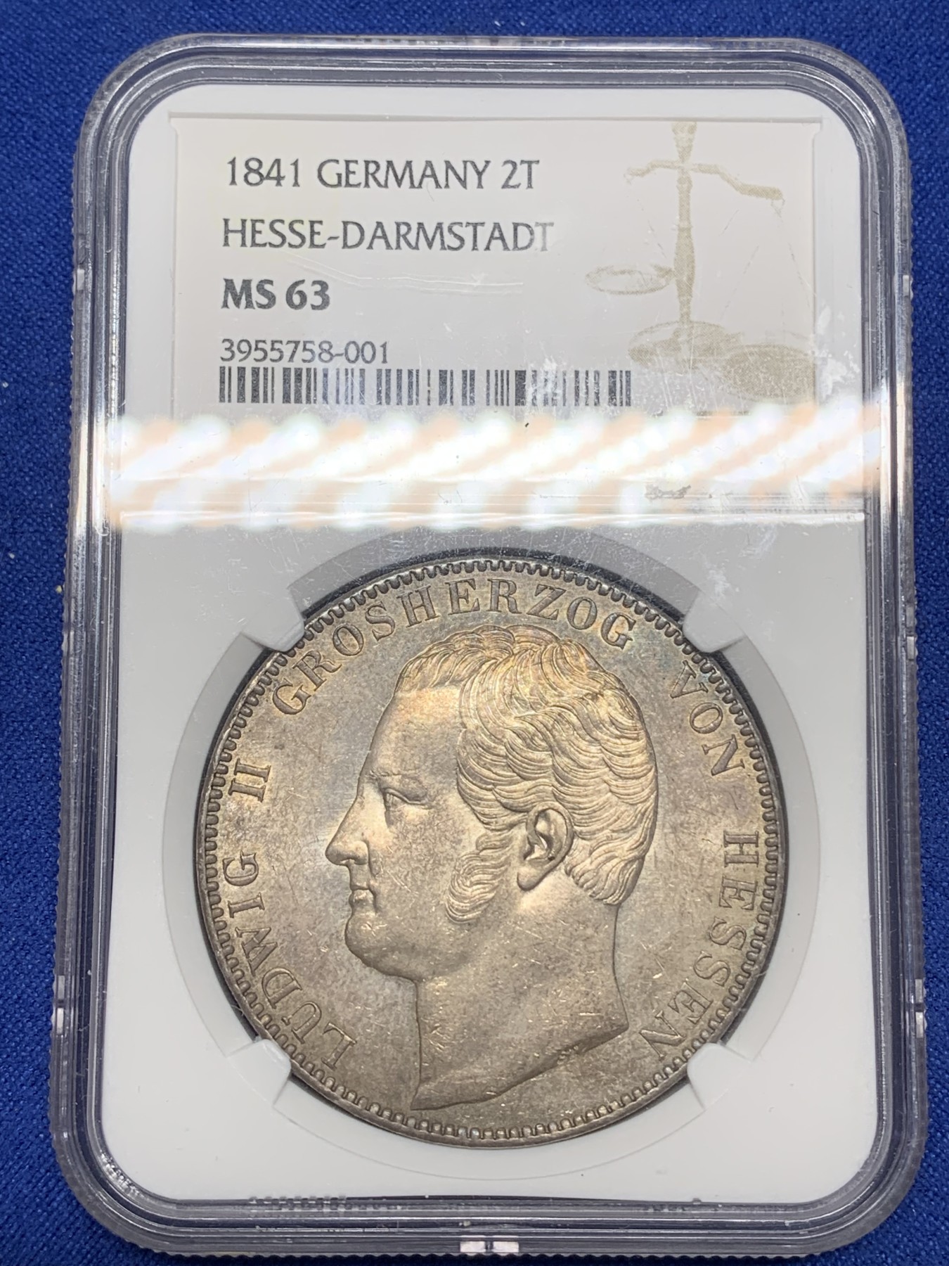 《竞宝斋》第216场-周日，周一 2场 (全场包邮) 冠军分 NGC-MS63  德国 黑森-达姆施塔特 1841年 2泰勒 大银币 （重达37克）PL底板闪亮品种