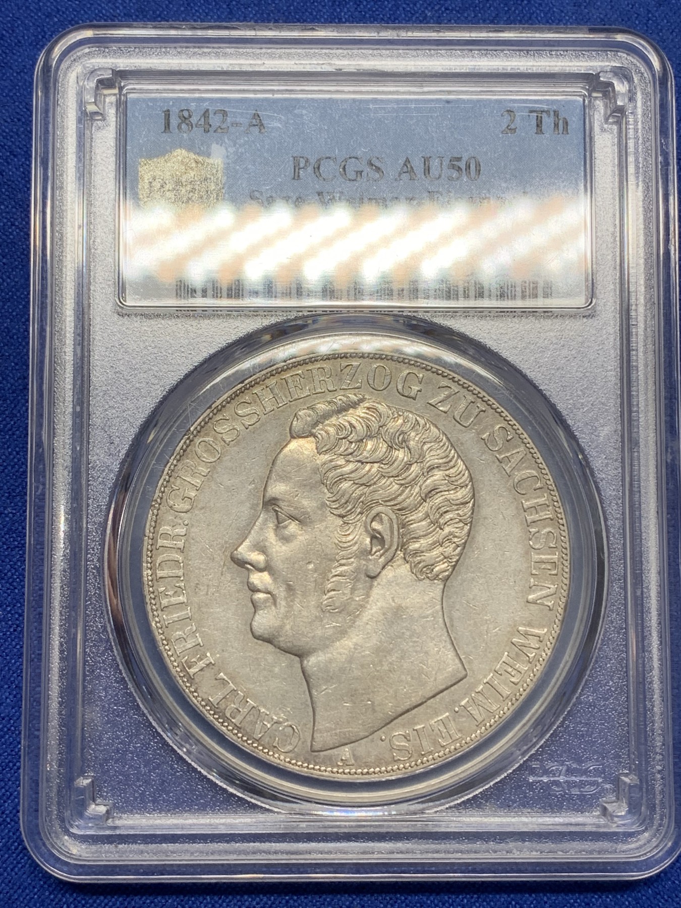 《竞宝斋》第216场-周日，周一 2场 (全场包邮) PCGS AU50 德国 1842 萨克森-魏玛-艾森纳赫2泰勒 十分少见的小邦品种， 底板平整细节保存的非常好