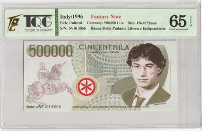 第20拍卖--英联邦领土硬币、精制银币、纪念币，纸钞 - Italy / Fentasy Note 1996 500000 Lire TQG 65 Gem UNC 014066