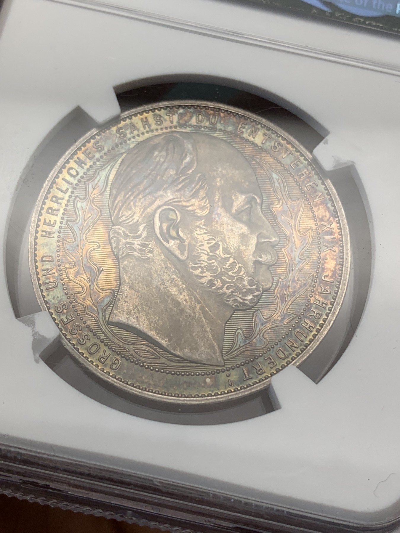 《竞宝斋》第216场-周日，周一 2场 (全场包邮) NGC MS63 德国1900年新世纪纪念银章 威廉一世 威廉二世双人像 双面五彩包浆 非常漂亮 不常见的品种