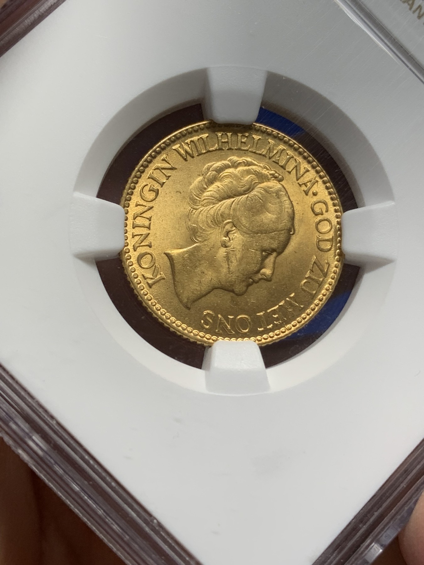 《竞宝斋》第216场-周日，周一 2场 (全场包邮) NGC-MS64 荷兰1925威廉敏娜10盾金币 老年版 好品原光