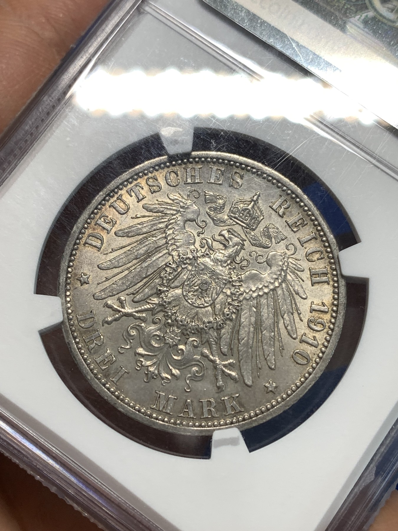 《竞宝斋》第216场-周日，周一 2场 (全场包邮) NGC-MS62 德国 1910年 普鲁士威廉二世3马克银币 大部分投入流通,ms的少见