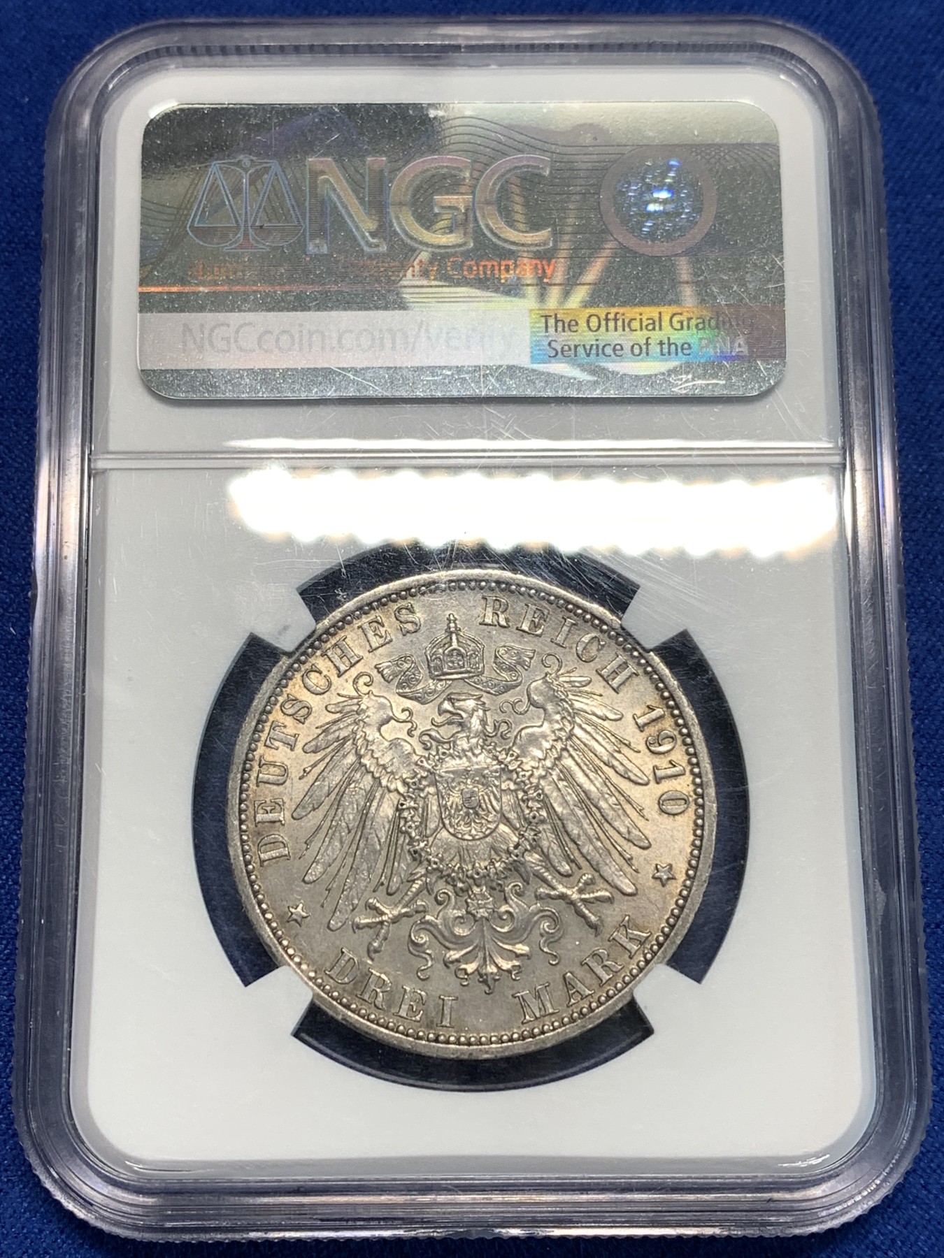 《竞宝斋》第216场-周日，周一 2场 (全场包邮) NGC-MS62 德国 1910年 普鲁士威廉二世3马克银币 大部分投入流通,ms的少见
