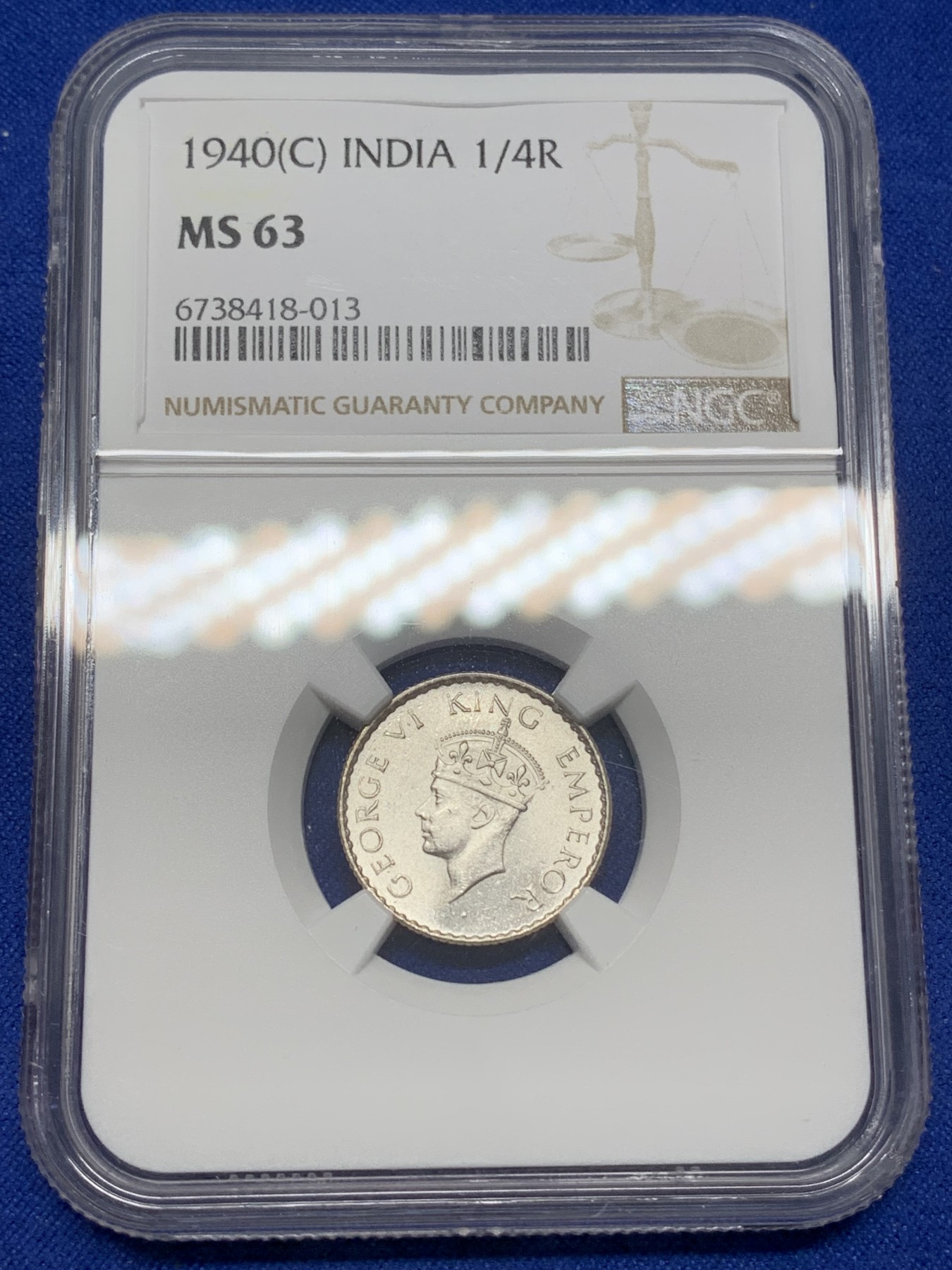 《竞宝斋》第216场-周日，周一 2场 (全场包邮) NGC-MS63 印度 1940年C版 乔治六世 1/4卢比 卷拆品 key年份版别