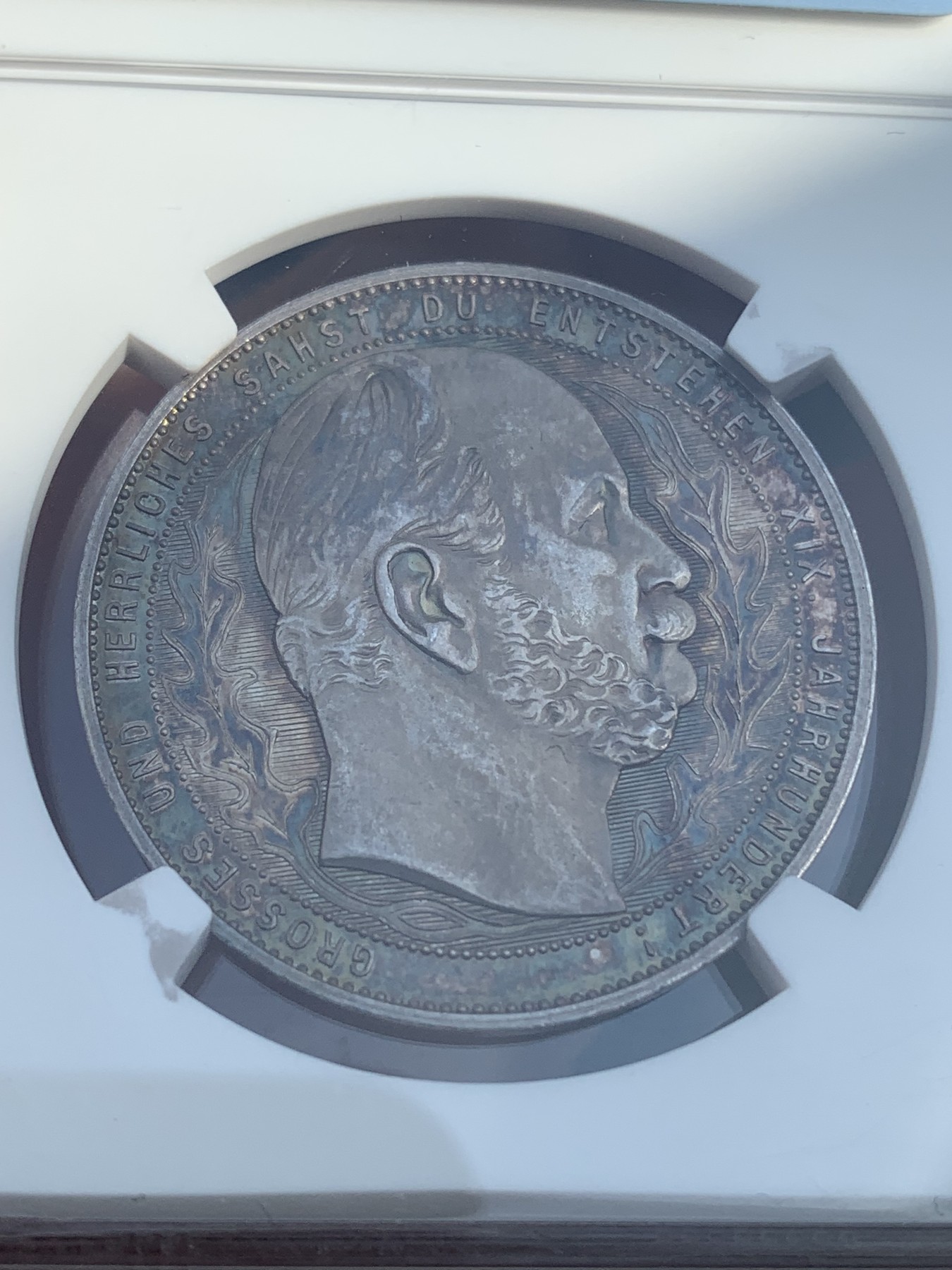 《竞宝斋》第216场-周日，周一 2场 (全场包邮) NGC MS63 德国1900年新世纪纪念银章 威廉一世 威廉二世双人像 双面五彩包浆 非常漂亮 不常见的品种
