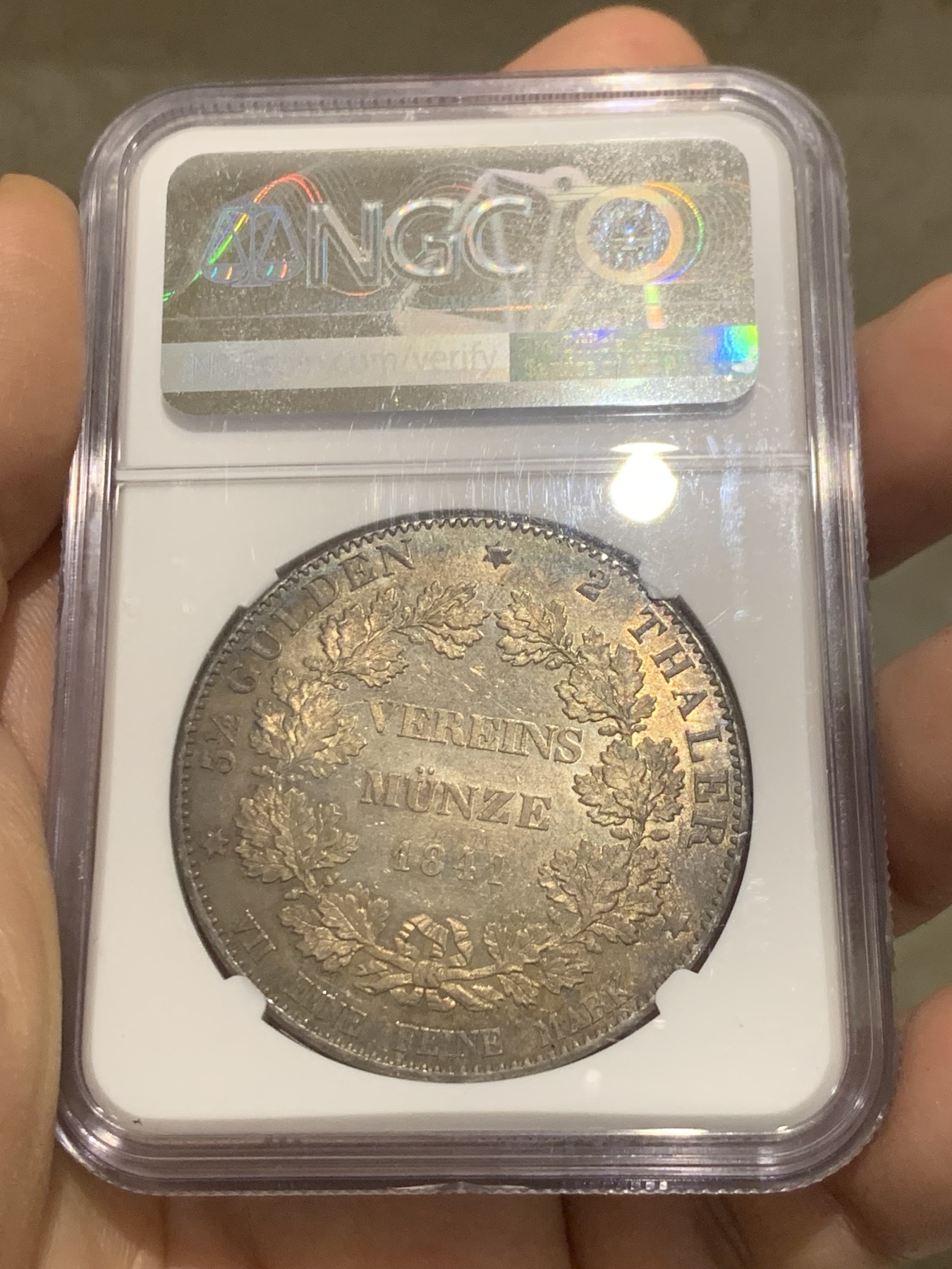《竞宝斋》第216场-周日，周一 2场 (全场包邮) 冠军分 NGC-MS63  德国 黑森-达姆施塔特 1841年 2泰勒 大银币 （重达37克）PL底板闪亮品种